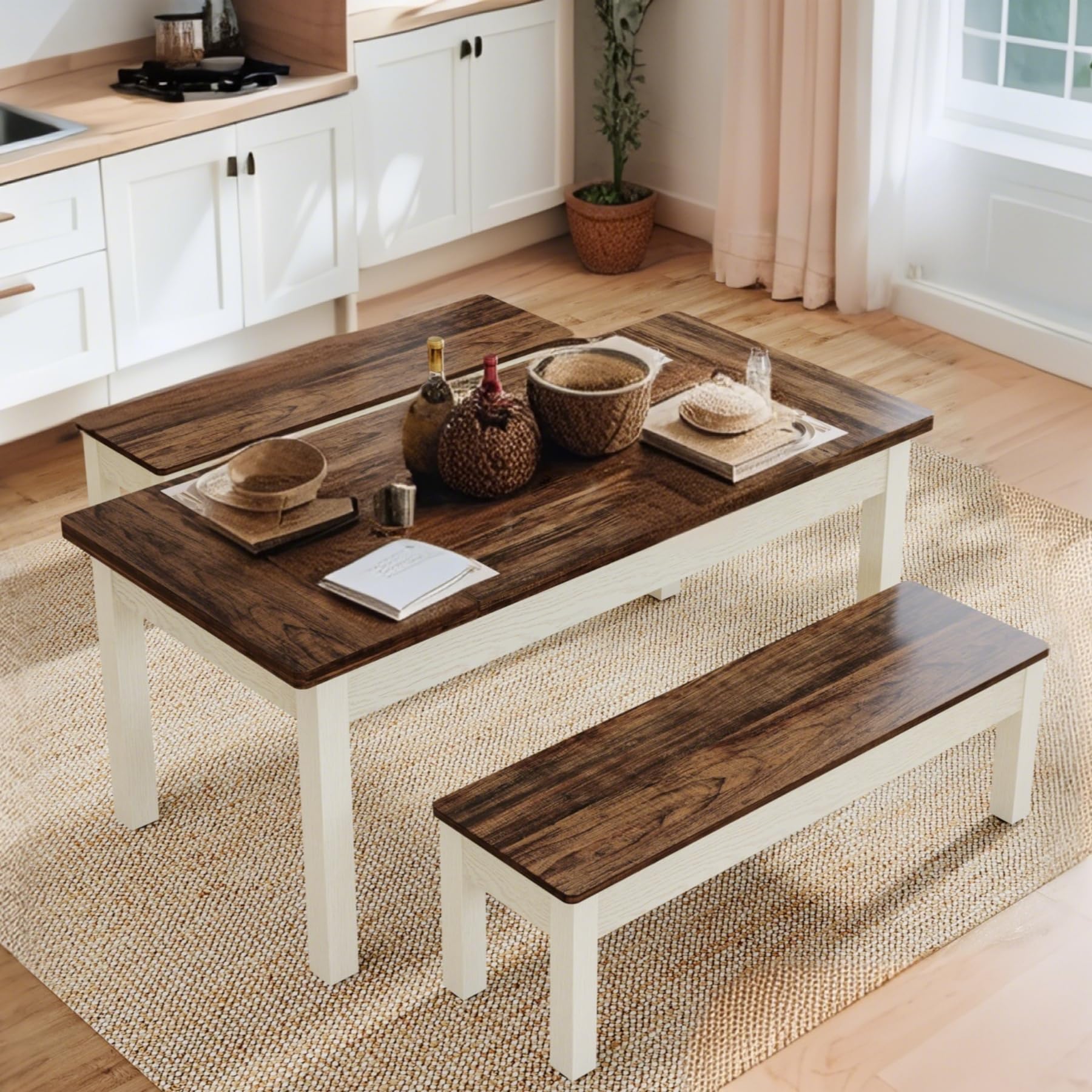 55" Farmhouse Dining Table Set with 2 Benches