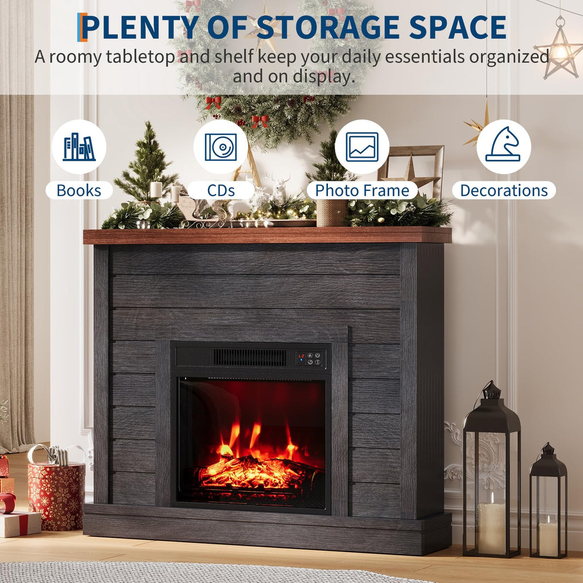 Garvee 38in Freestanding Electric Fireplace with Mantel, TV Stand Includes 18'' Electric Fireplace Insert with Adjustable Flame Temperature and Remote Control for Bedroom Living Room, Black