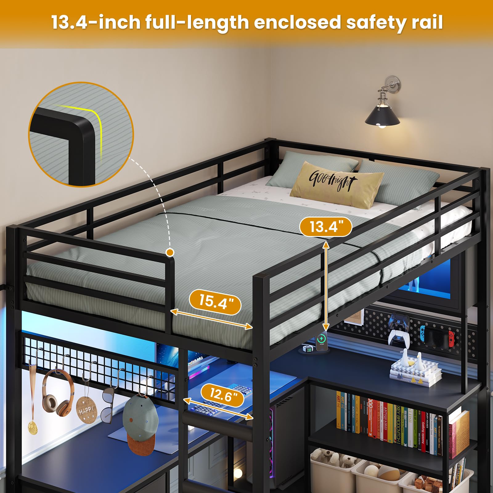 Twin Loft Bed with L-Shaped Gaming Desk & Storage