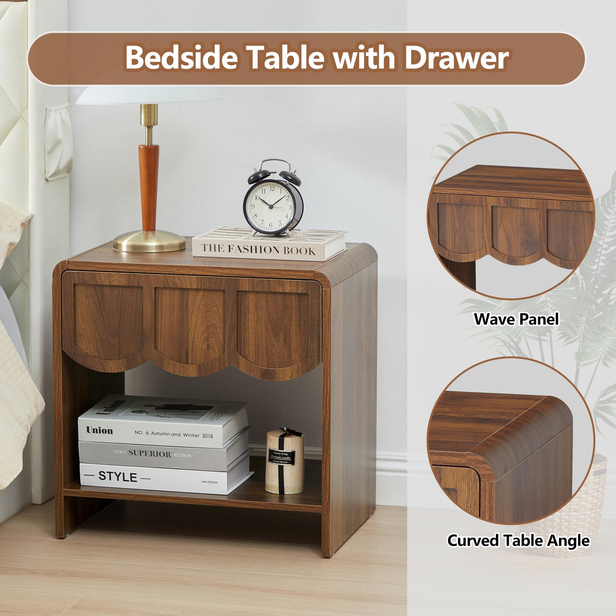 Small Night Stand Set of 2, Mid Century Modern Farmhouse Wood Nightstand with Wave Panel Drawer, Bed Side End Table for Small Space, Living Room - Walnut