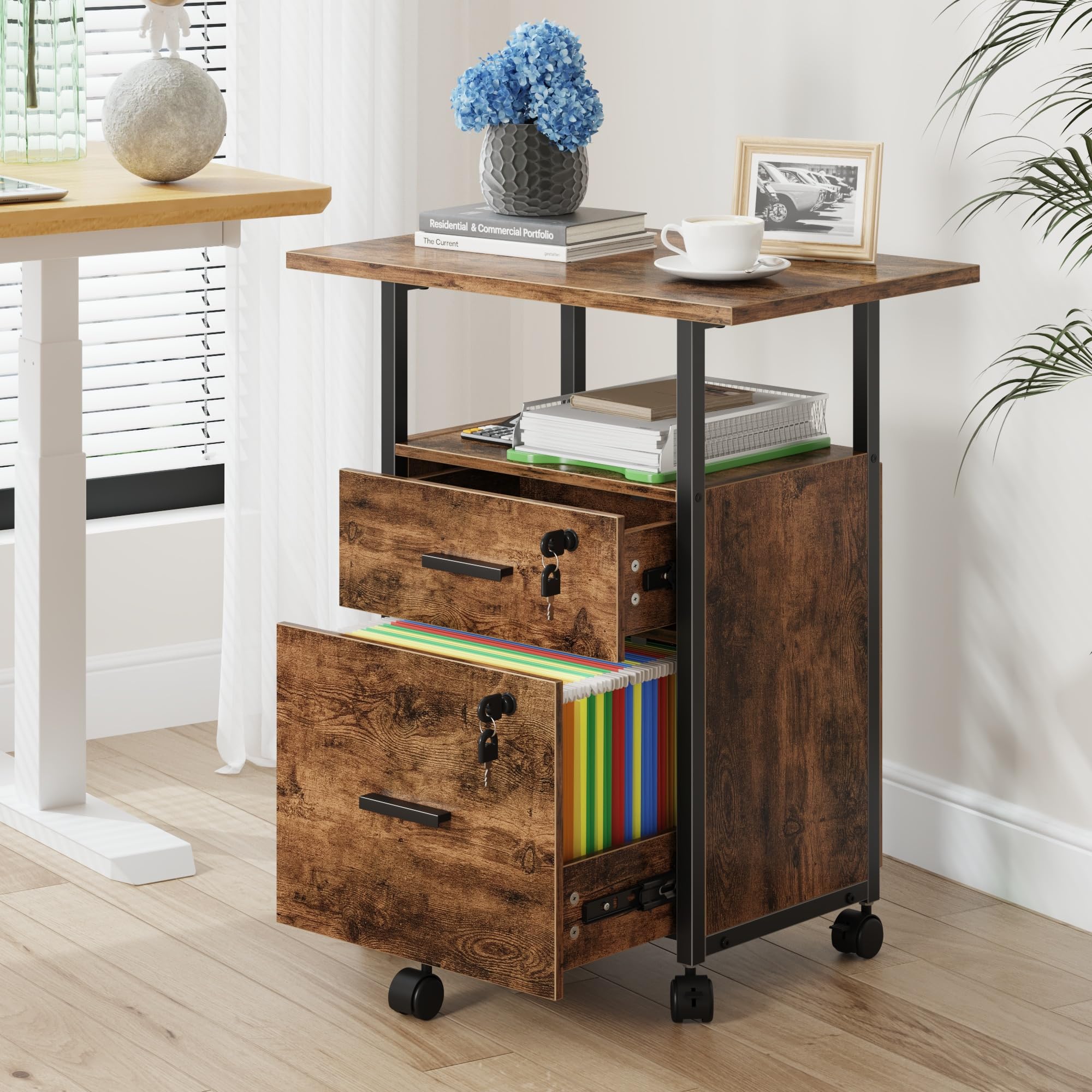 2-Drawer Lockable File Cabinet with 22" Extended Desktop