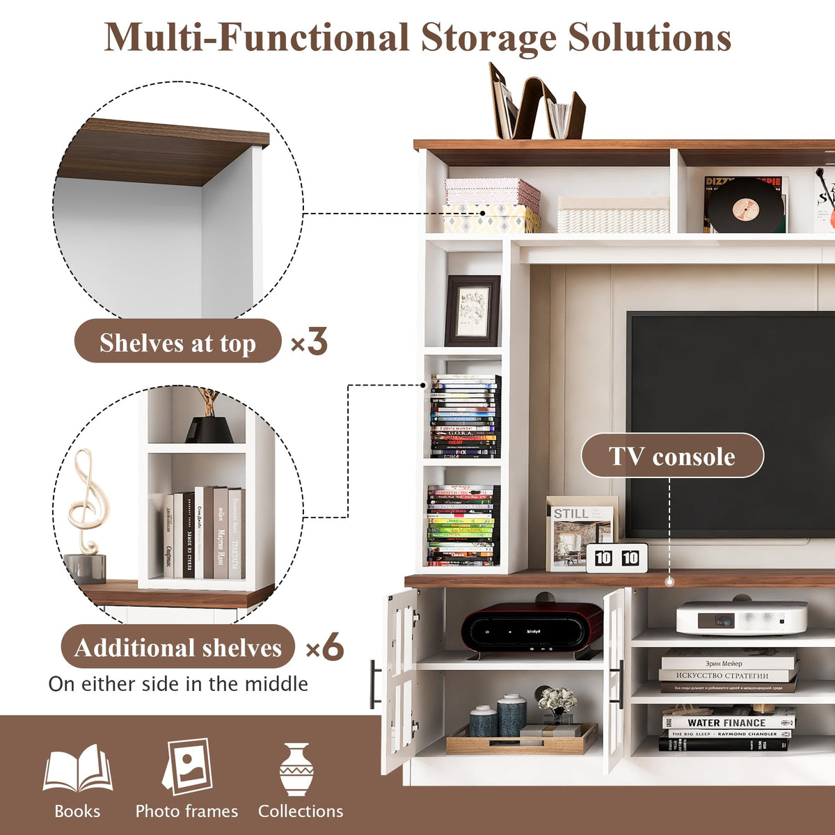 95.5" Entertainment Wall Unit Set with Bookshelves, Modern TV Stand for Televisions Up to 80", Large Media Console with Cabinets and Tempered Glass Doors for Living Room