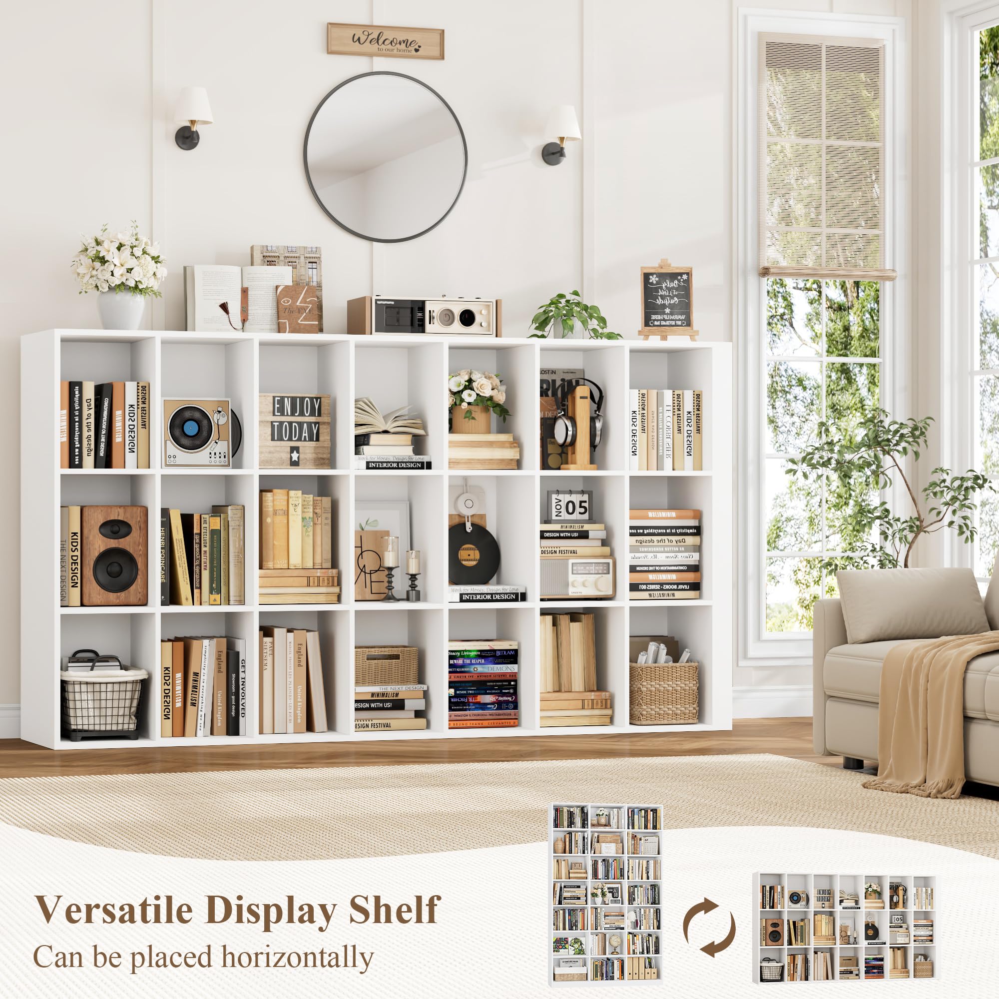 HOSTACK 86" H Triple Wide Bookshelf and Bookcase, 7 Tier Tall Bookshelf with Storage, Large Bookcase with 21 Open Display Storage Shelves, Wood Book Shelf Media CD DVD Storage for Living Room, White