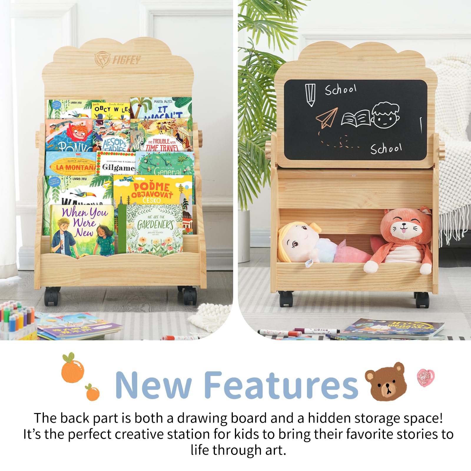 Figfey Kids Montessori Bookshelf 5-Tier Organizer with Lockable Wheels and Adjustable Drawing Board, Toddler Book Rack Nursery with Toy Storage Natural Wood Baby Book Shelf.