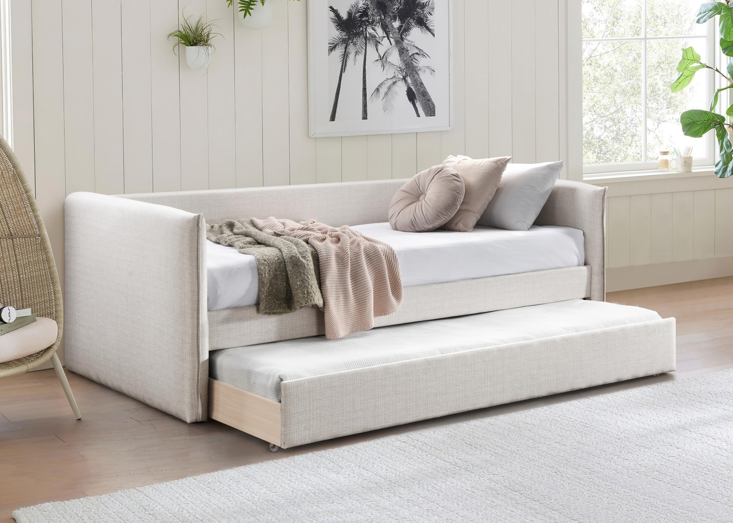 Meridian Furniture ColtonCream-T Colton Collection Modern | Contemporary Twin Daybed with Soft Cream Durable Linen Textured Fabric, Twin Trundle, 84.5" W x 45" D x 32" H, Cream