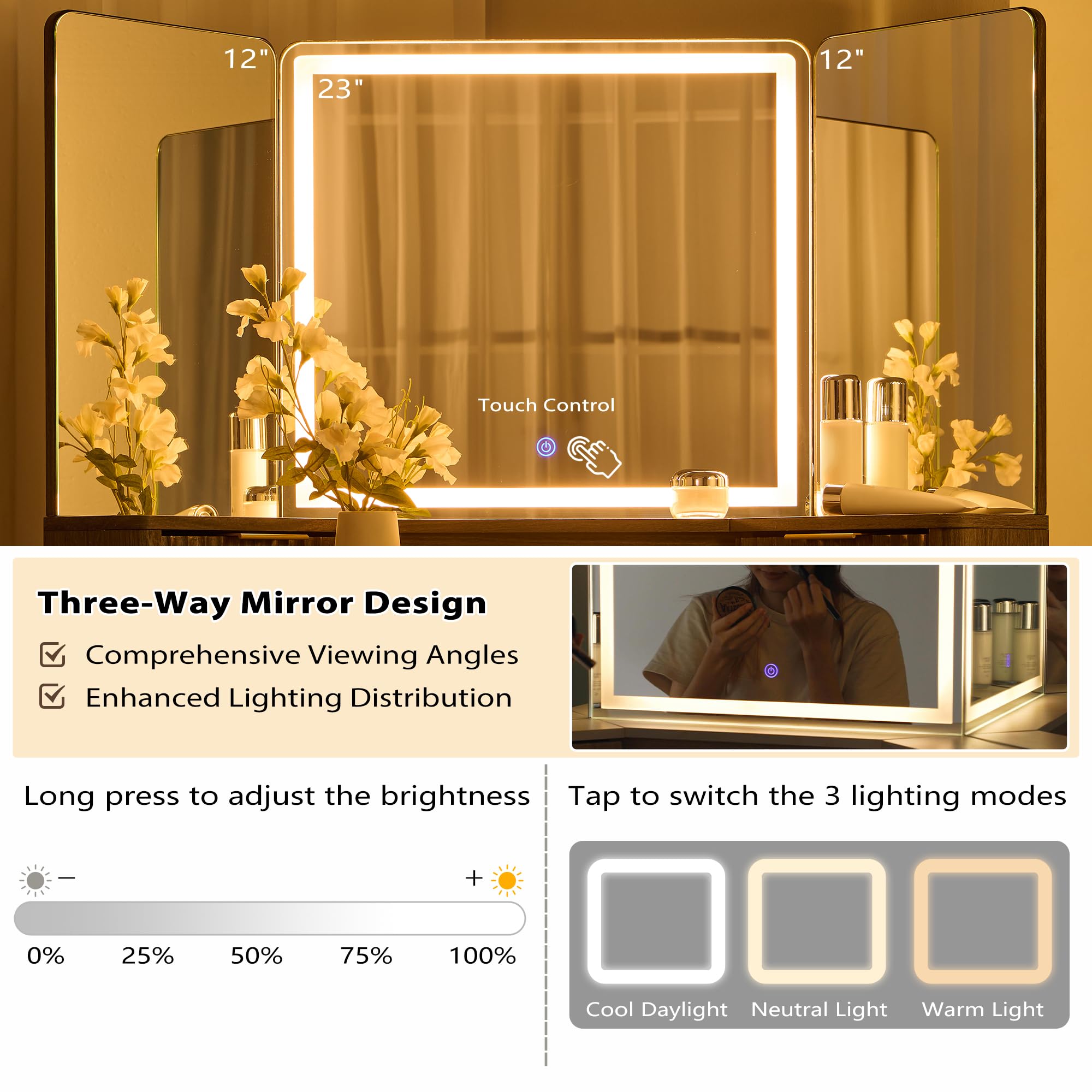 T4TREAM Fluted Makeup Vanity Desk with 3 Way Mirror and Lights, 48" Large Corner Vanity Table with Glass Top, Charging Station, 3 Drawers, Storage Cabinets & Shelves, for Bedroom, Dark Alder