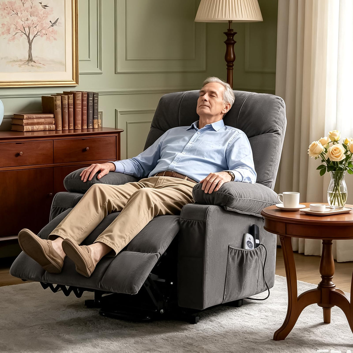 KWKSV Power Lift Recliner Chair for Elderly,8-Point Vibration Massage & Heat,Electric Lift Chair with Two Cup Holders,4 Side Pockets,Extended Footrest for Living Room