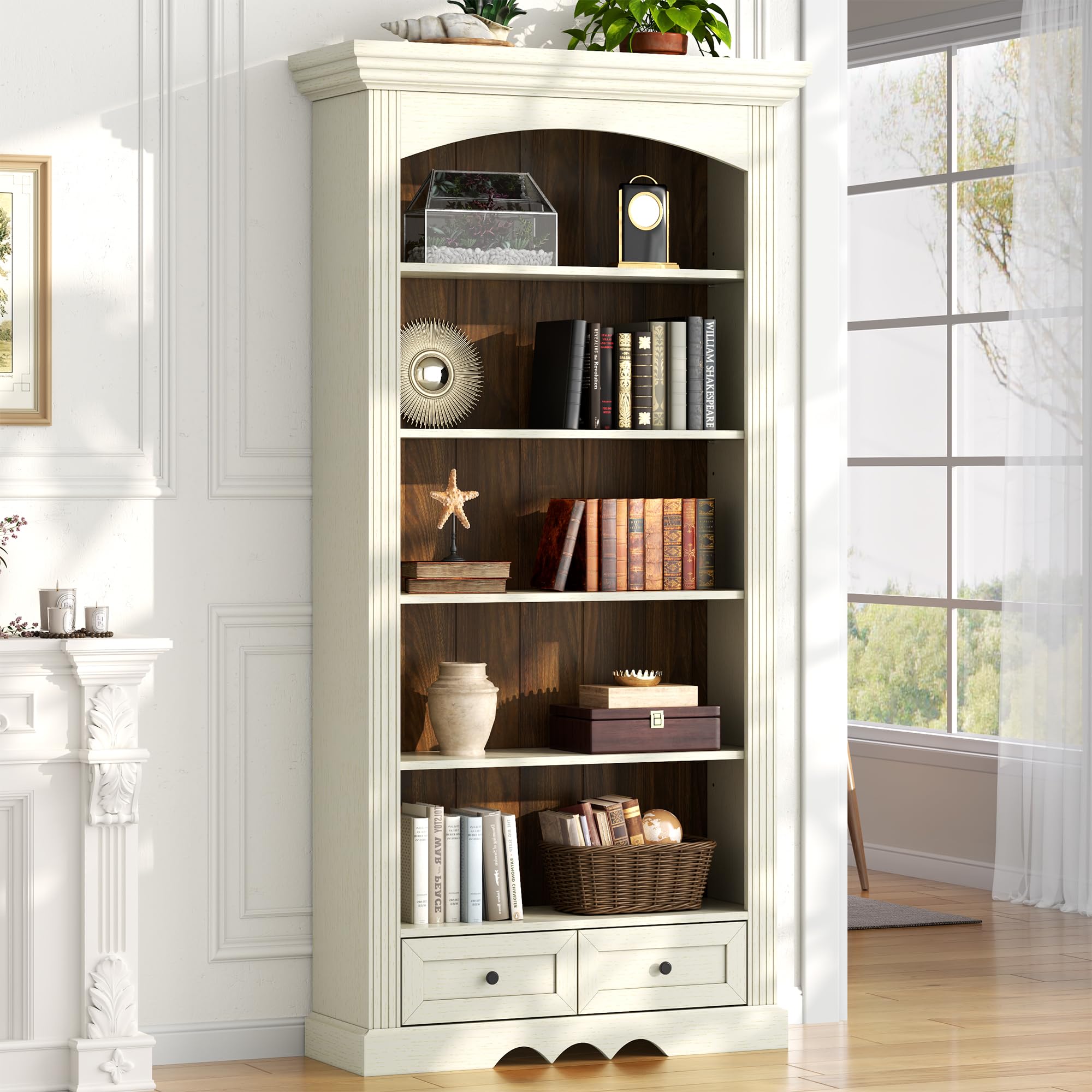 Gyfimoie 71’’ Tall Arched Bookcase with Stroage, Farmhouse 5-Tier Arch Bookshelf with Drawers, Freestanding Book Shelf with Adjustable Shelf and Roman Column Pattern for Home Office (1, White)