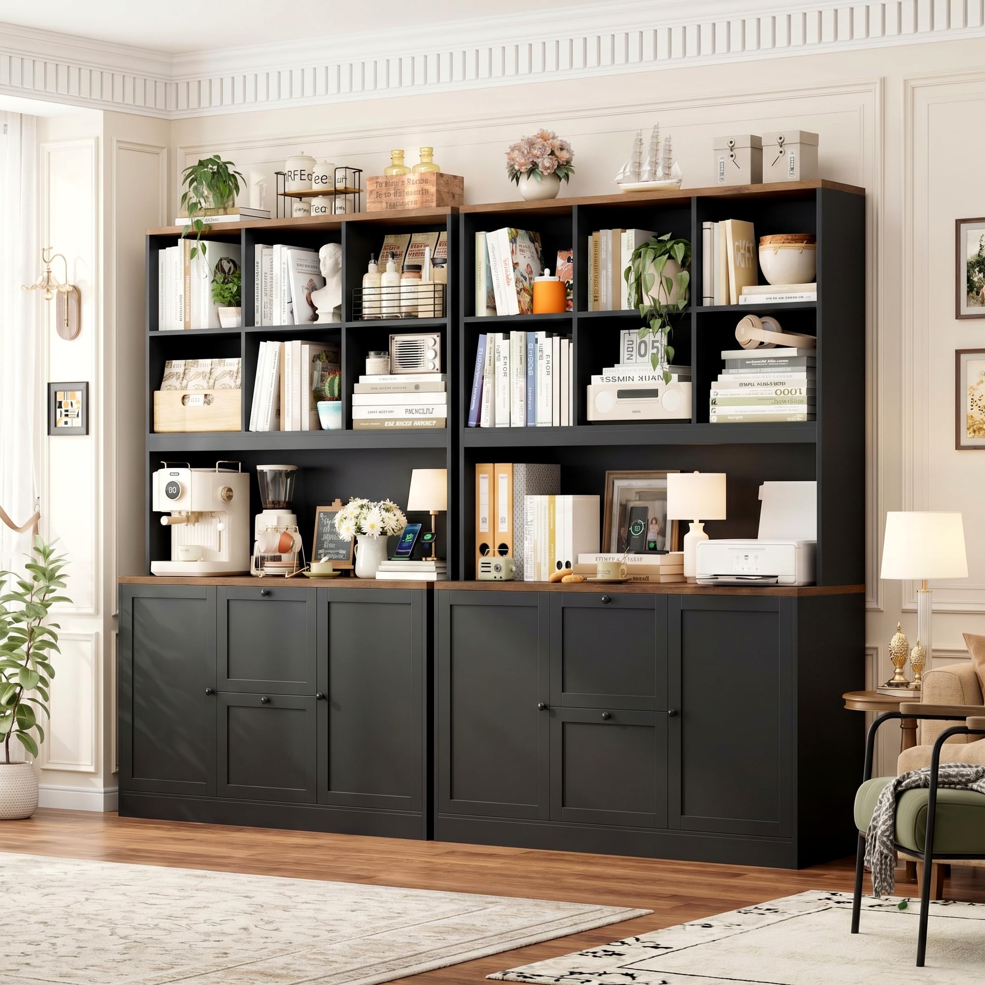 72" Tall Bookcase with Power Outlet & File Drawers