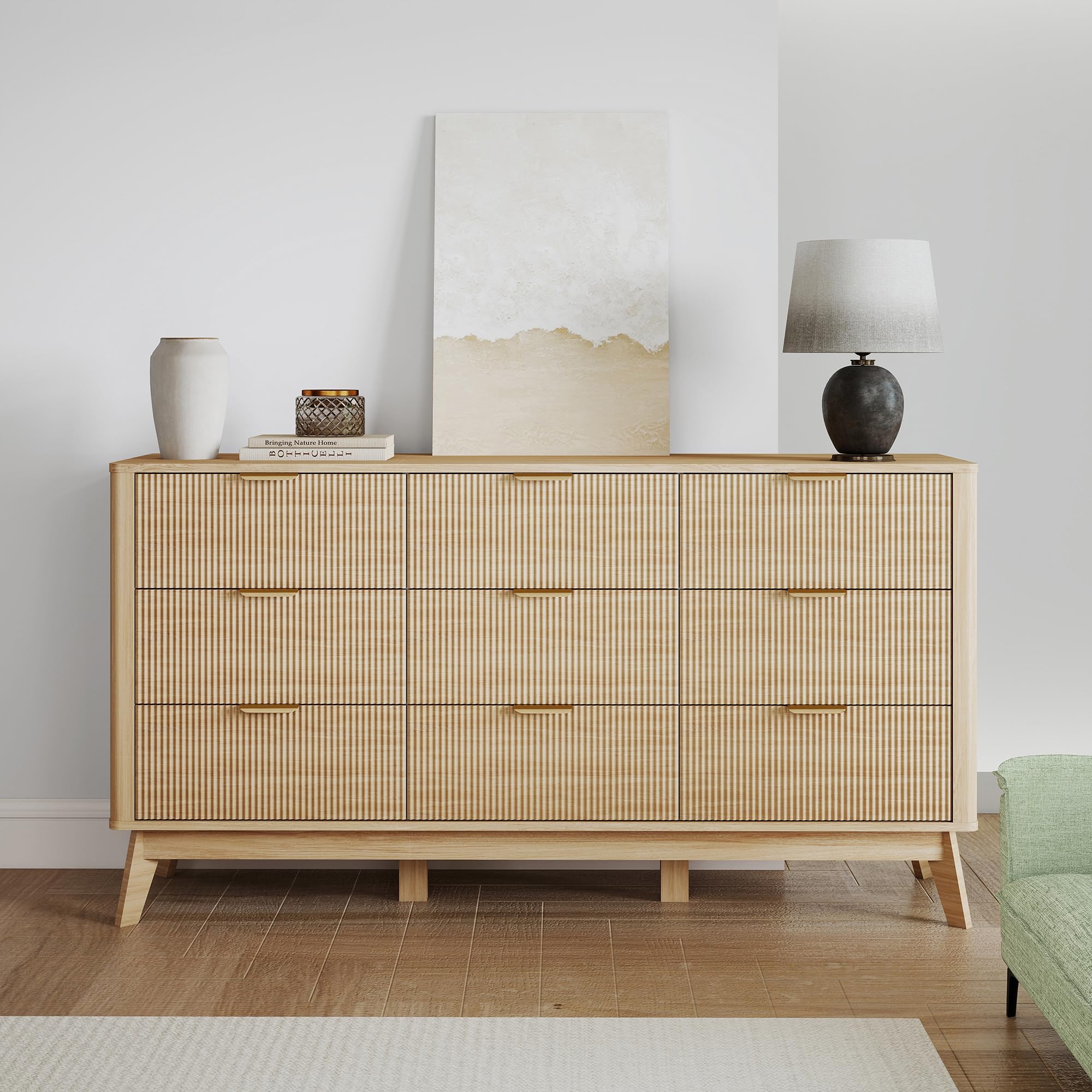GRAINLLE Fluted Dresser for Bedroom,59'' Modern Wooden Dresser with 9 Drawers, Bedroom Dressers, Natural Wood Chest of Drawers for Living Room, Hallway (Oak)