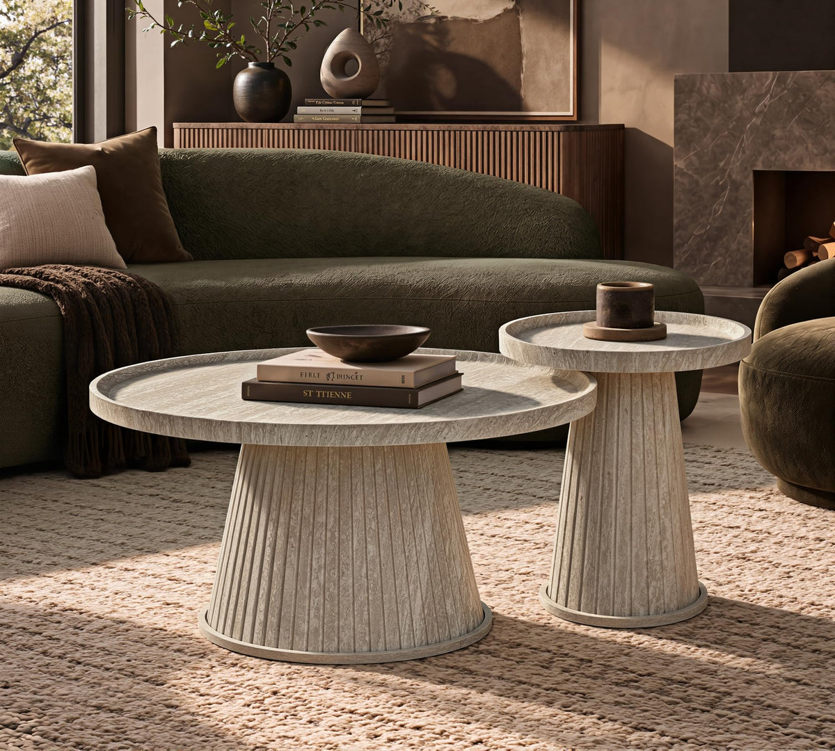 win2win Nesting Coffee Table Set of 2 with Faux Stone Veneer, Stone