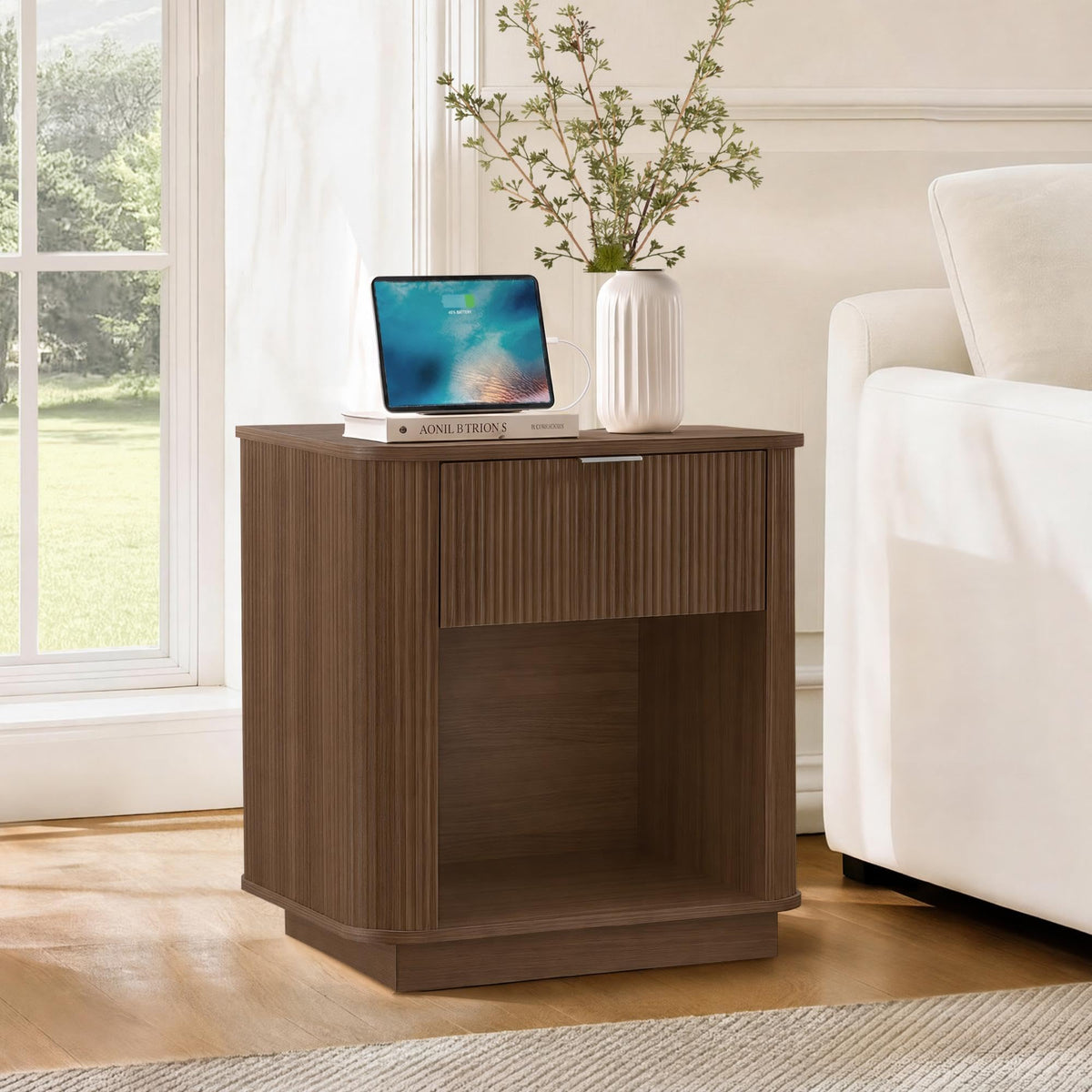 KISLOT 23'' Fluted Nightstand Set of 2 w/Charging Station,Drawers,Walnut