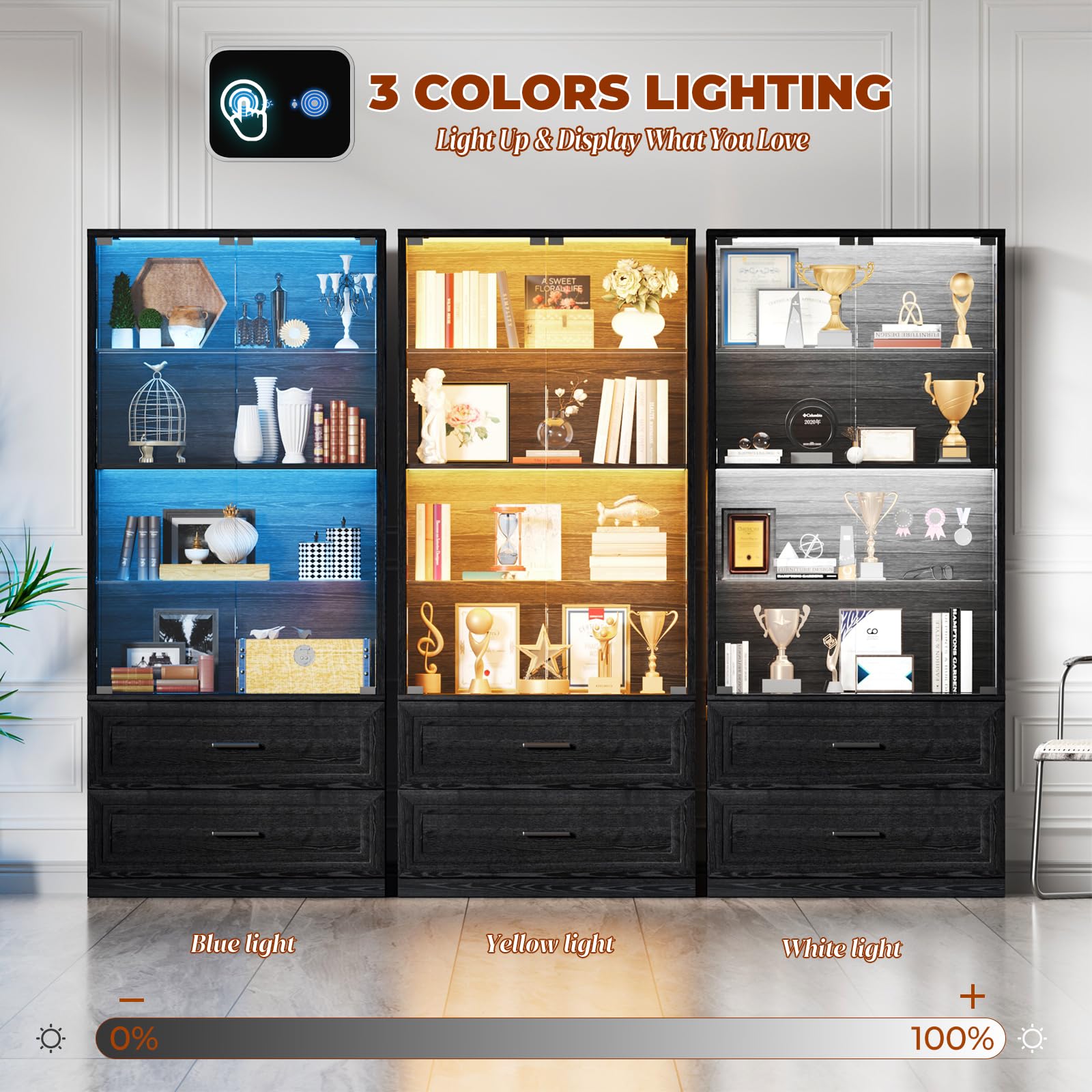 67" Glass Door Display Cabinet with LED Lights & Drawers