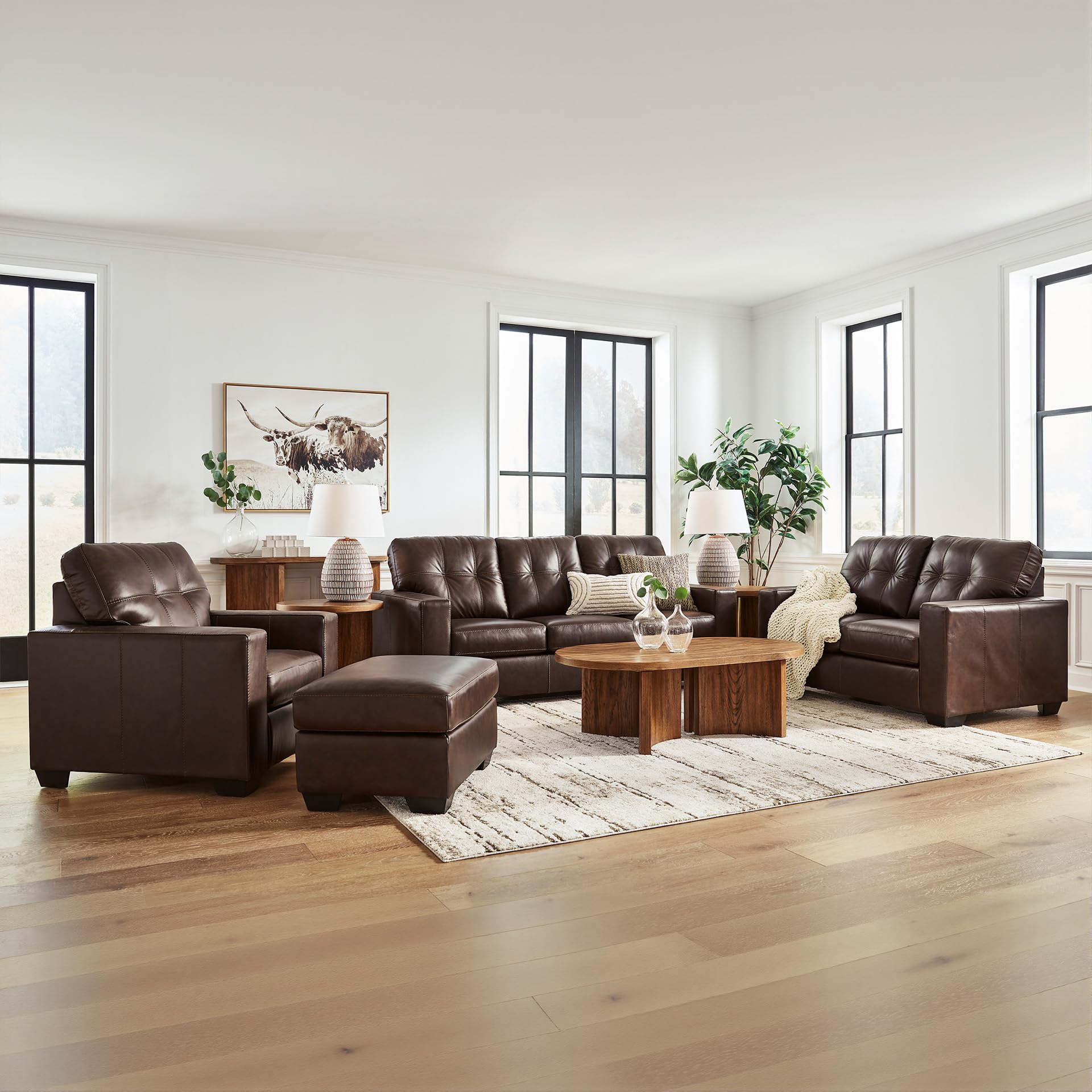 Signature Design by Ashley Santorine Classic Leather Match Rectangular Ottoman for Living Room, Dark Brown