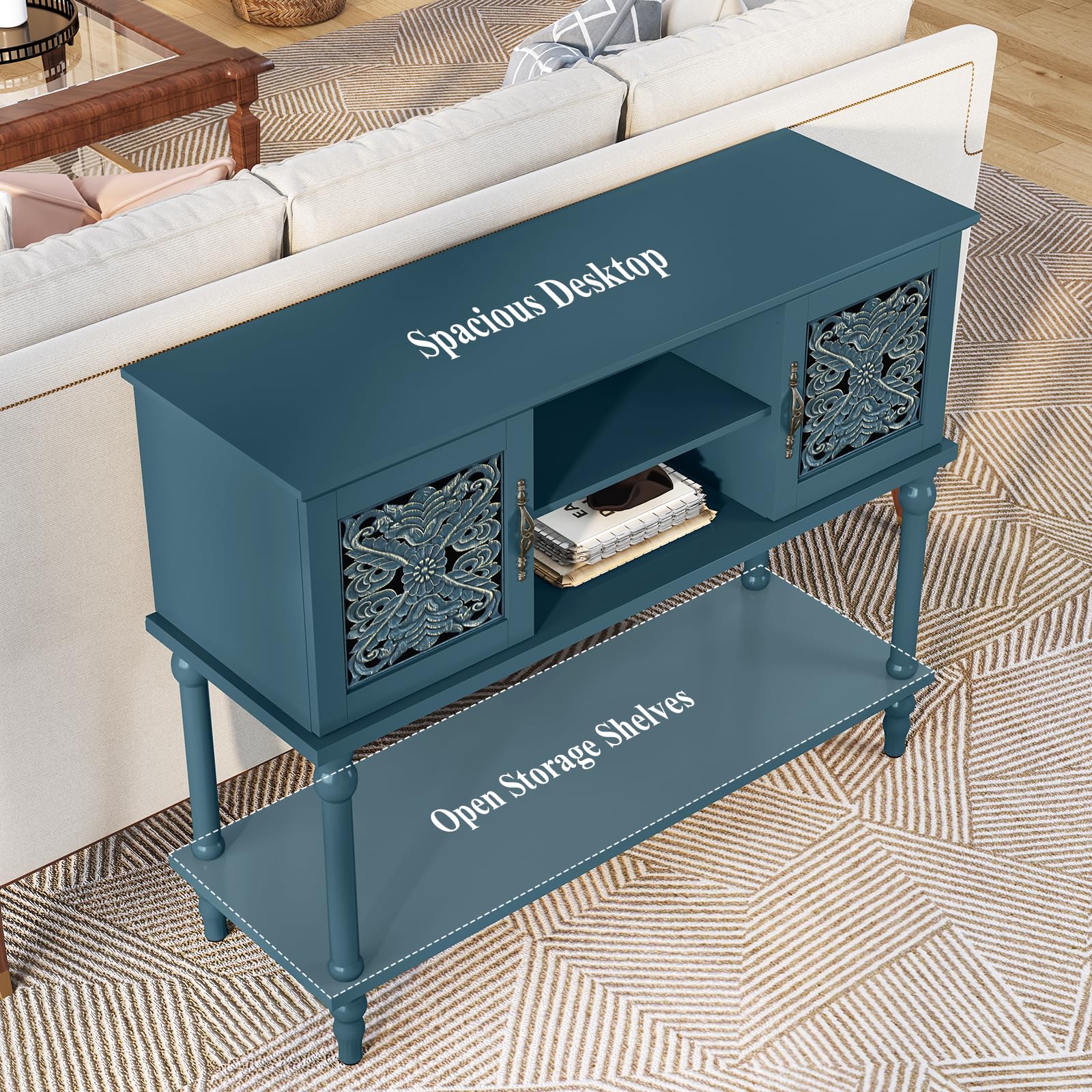 Vintage Console Table with Hand-Carved Doors