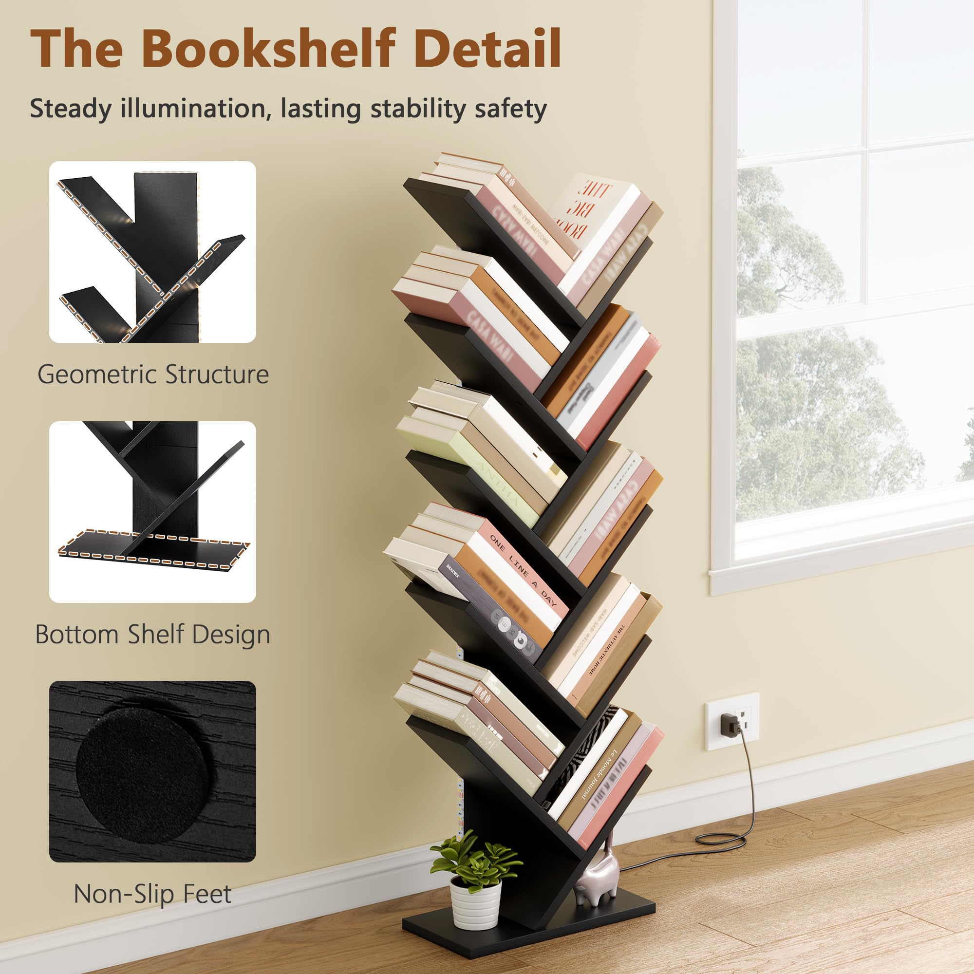 Hoctieon 10 Tier Tree Bookshelf, Tall Bookcase, Freestanding Book Shelf with LED Lights, Display Floor Standing Storage Shelf, Book Organizer Shelves for Home Office, Living Room, Black