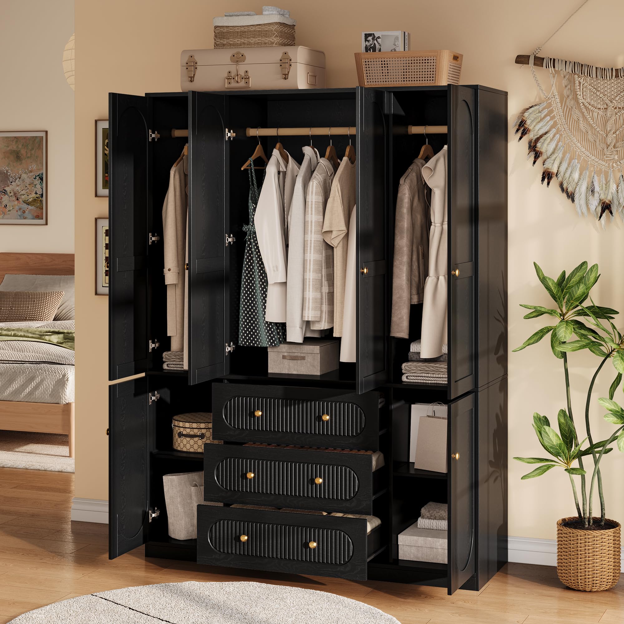 TOKSOM 4 Doors Freestanding Armoire Wardrobe Closet, 72" Black Wardrobe Armoire Wooden Closet Large Capacity Storage with 3 Drawers & 3 Hanging Rod Shelves Clothes Organizer