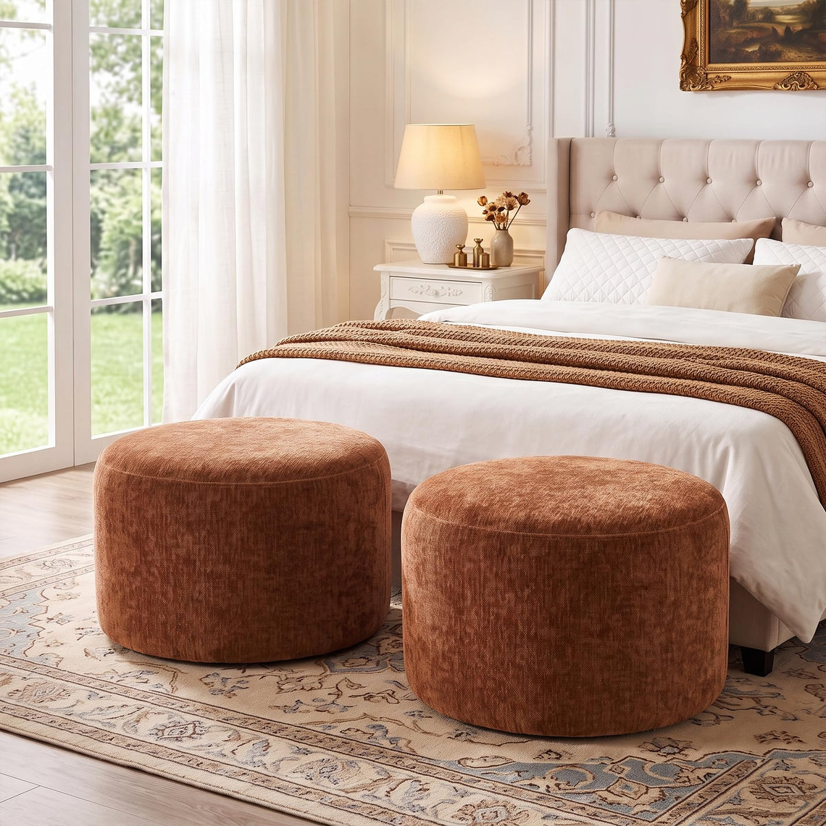 Scingu Upholstered Round Pouf Ottoman Set of 2, Orange-Brown Footstools
