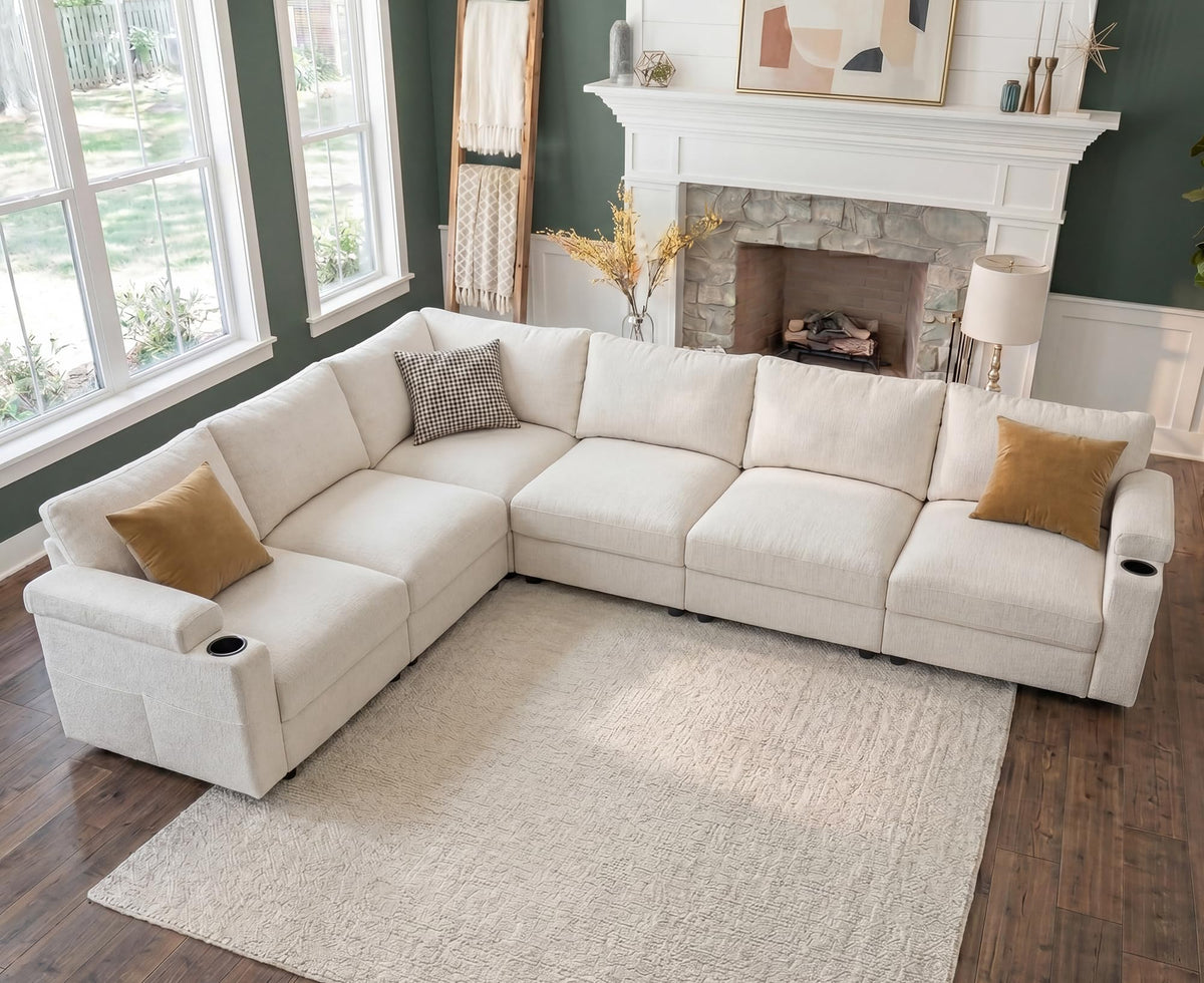 sectional couches for Living Room, Oversized Modular Cloud U Shaped Couch, FSC Certified Chenille, Removable Chaise Sofa (Beige, L Shaped 6 Seat)