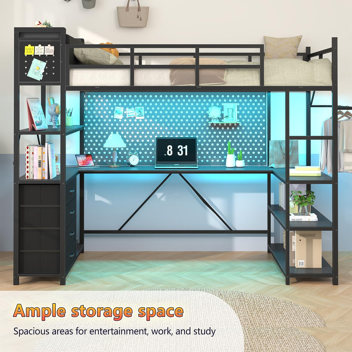 Black Loft Bed Twin Size with Storage Upholstered Headboard & U-Shaped Desk