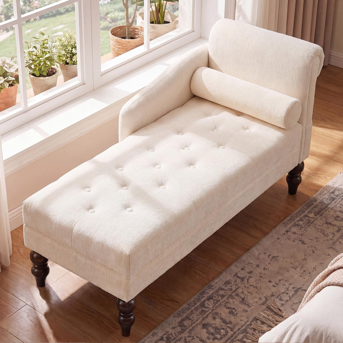 IPKIG Chaise Lounge Chair Indoor with Right Armrest, Chenille, Beige