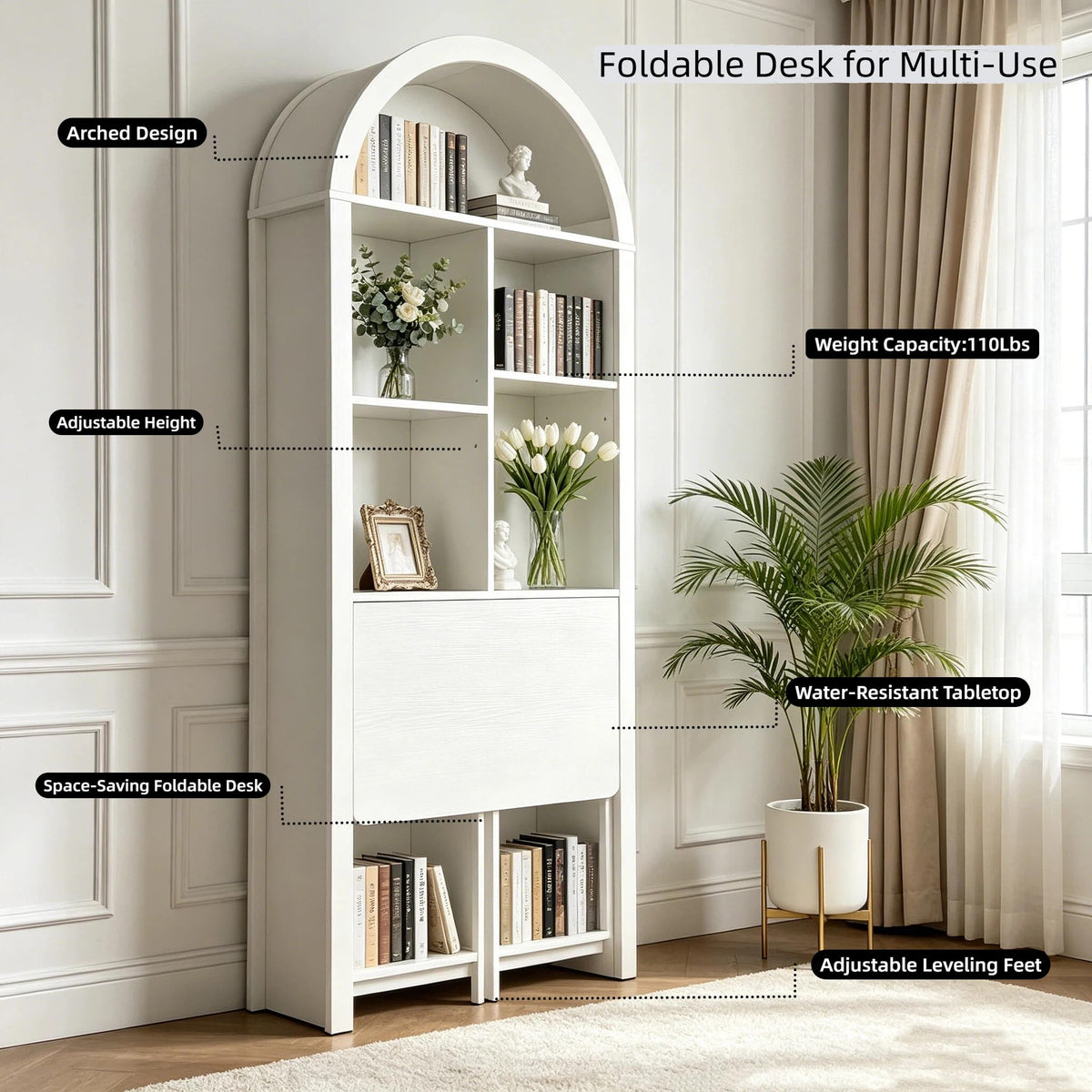 FNK Folding Arched Bookshelf Narrow Bookcase with Hideaway Craft Desk