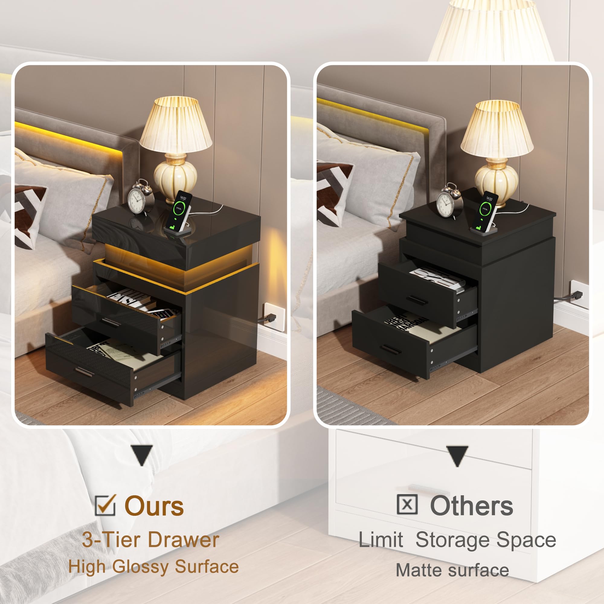 LED Nightstand with Charging Station & 2 Drawers