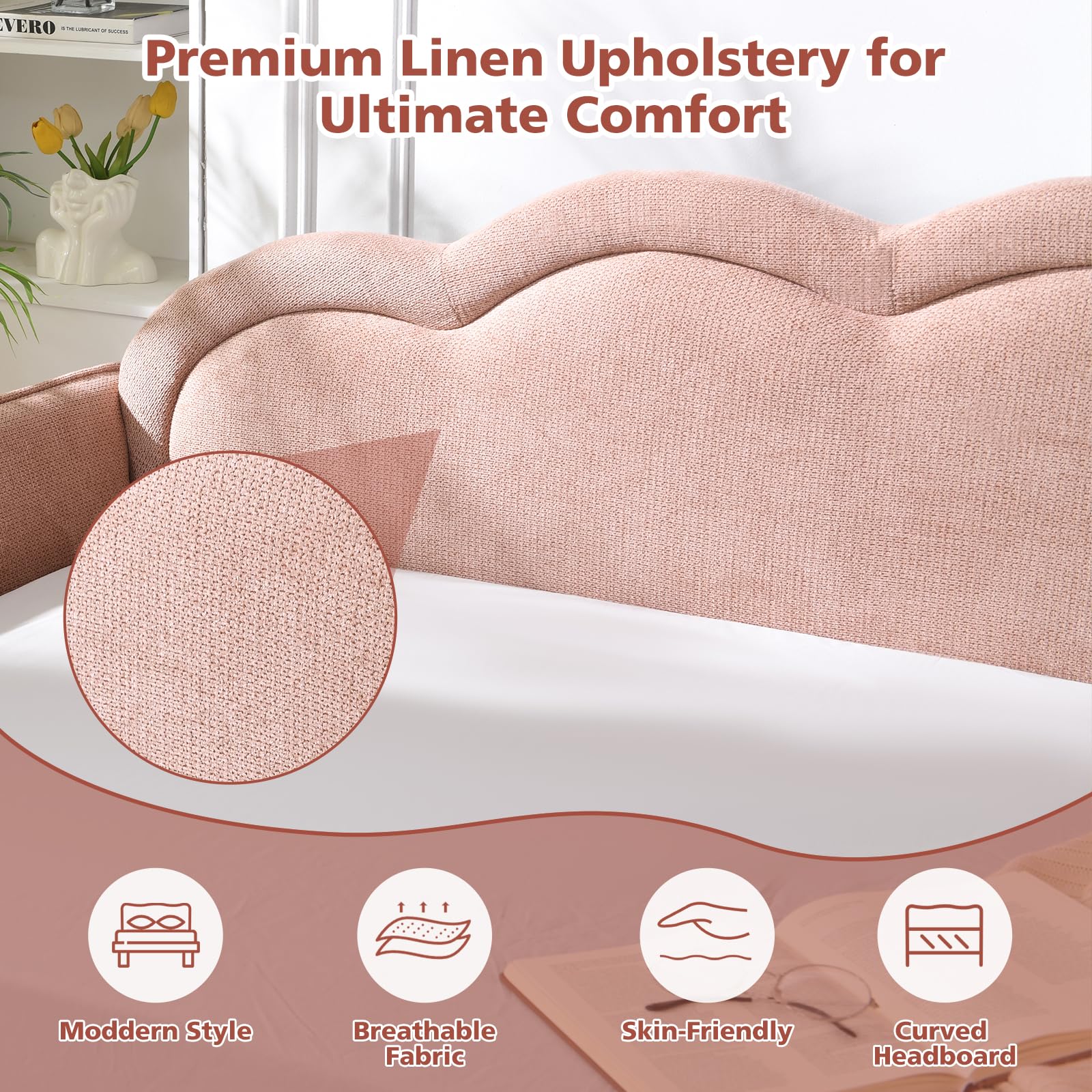 Linen Upholstered Twin Daybed with Cloud-Shaped Backrest & Gold Metal Legs
