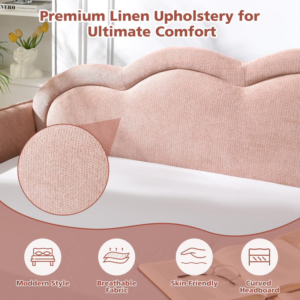 VELOCAVA Twin Size Upholstered Daybed with Cloud-Shaped Backrest, Modern Linen Sofa Bed with Metal Legs, Wood Slat Support for Bedroom, Living Room, Guest Room, Blush Pink
