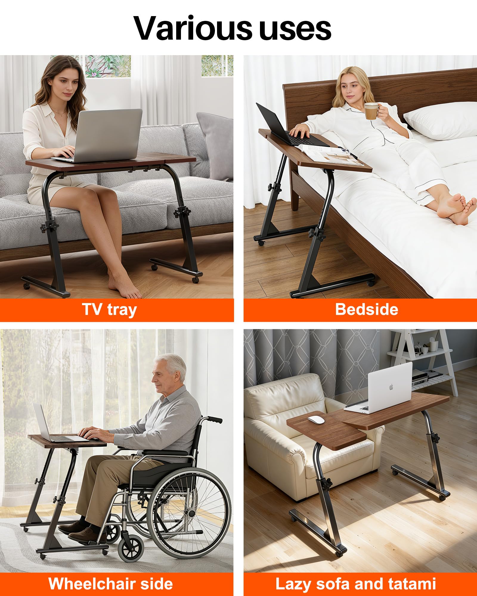 Forjarn TV Tray Table, Mobile TV Dinner Trays for Eating on Couch, Folding Side Desk with Wheels, Tilt & Height Adjustable Snack Table Laptop Desk for Sofa Living Room Bedroom & Office (Brown)