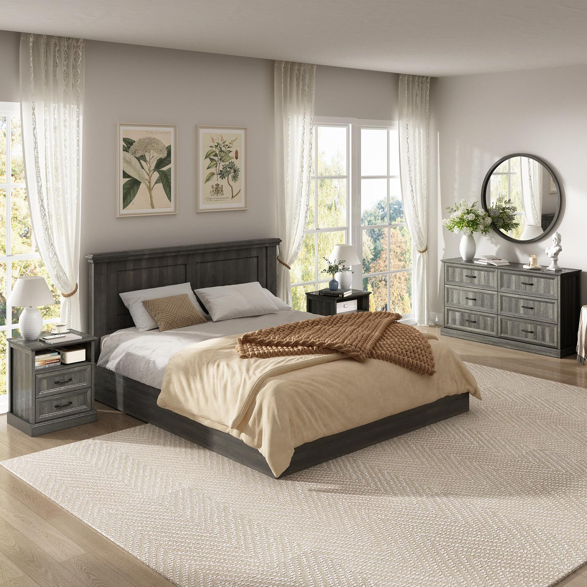 Gray Farmhouse Dresser & Nightstand Set