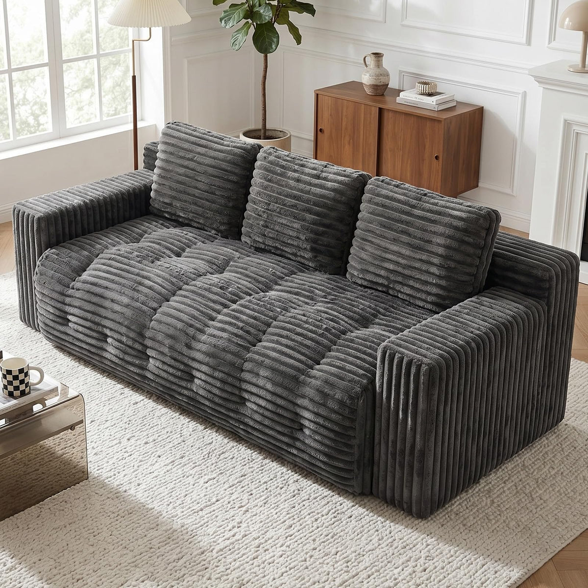 Tykacna 70” Boneless Couch, 3 Seater Sofa Couch with Extra Deep Seats 3 Pillows,Corduroy Modern Small Couch for Living Room, Office, Bedroom, Apartment,Grey