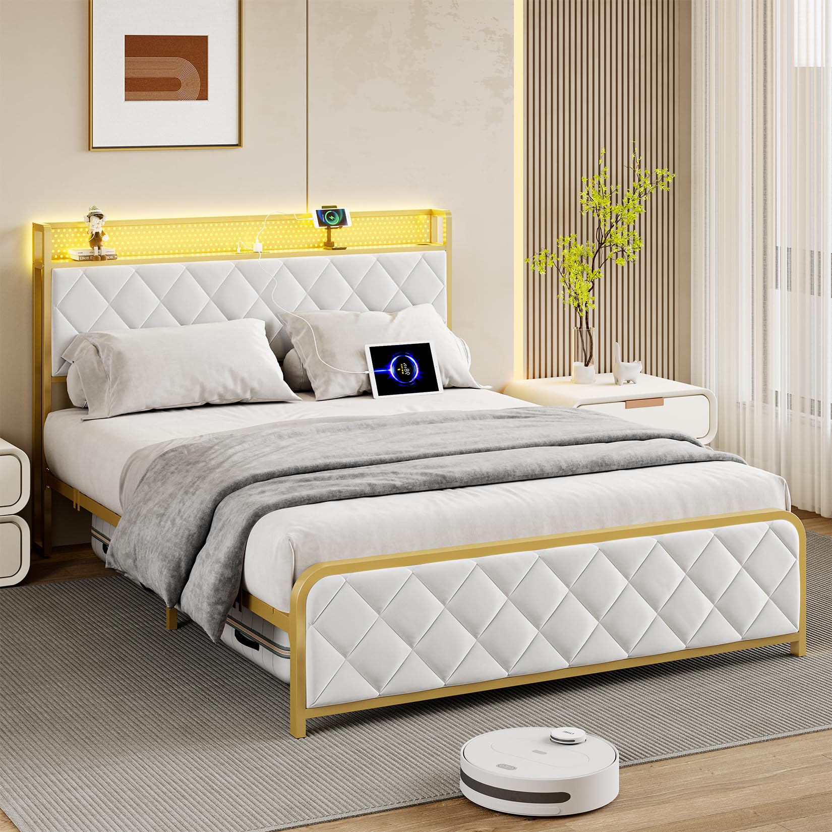 OUTGOODS King Bed Frame with Velvet Storage Headboard, Heavy Duty Steel Slats Support Metal Platform Bed Frame w/Charging Station & LED, APP ＆ Remote Control, Noise-Free/No Box Spring Needed, Beige