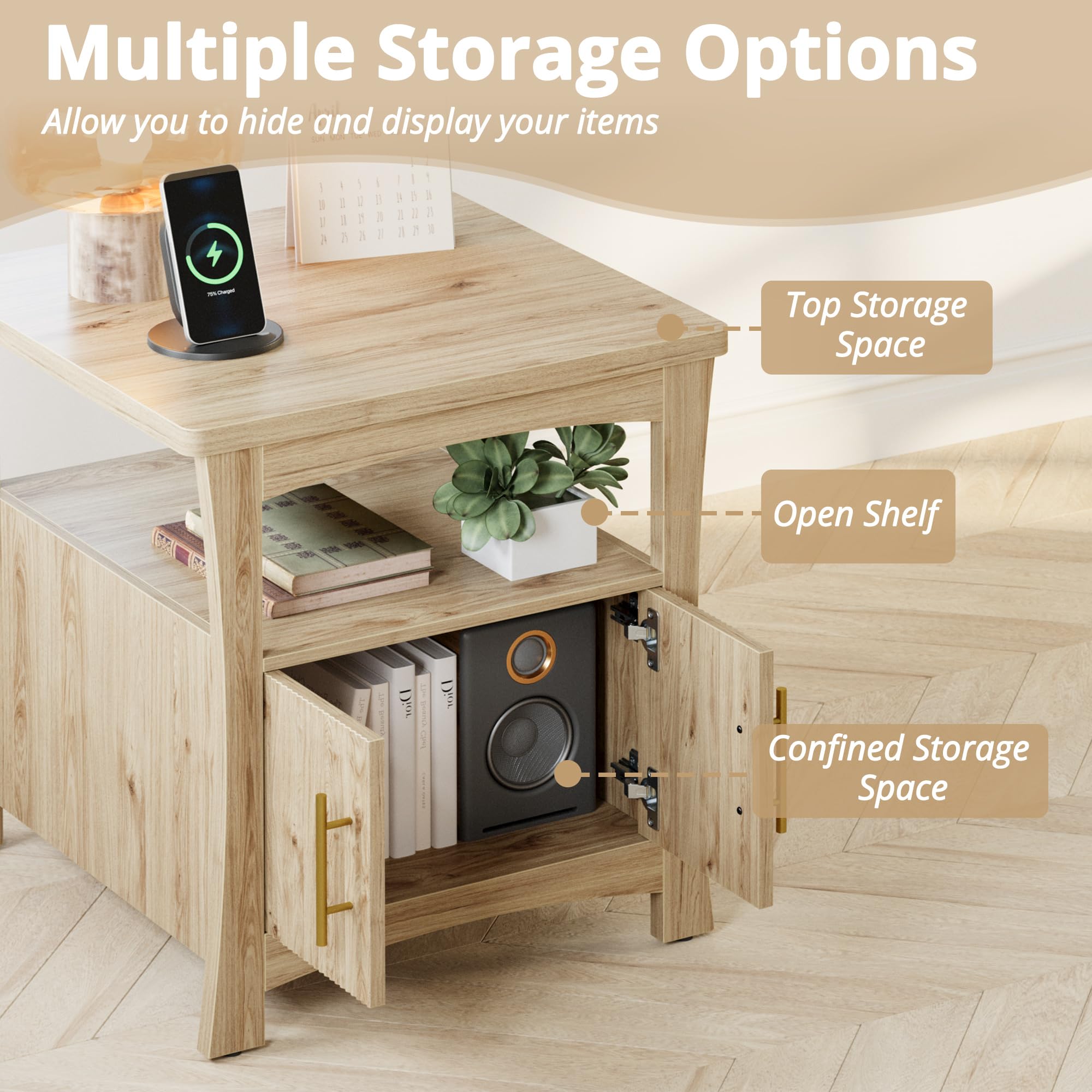 LIKIMIO Nightstand with Charging Station, Wood Night Stand, 23.6inch Large Bedside Table with Storage, End Table for Bedroom, Oak