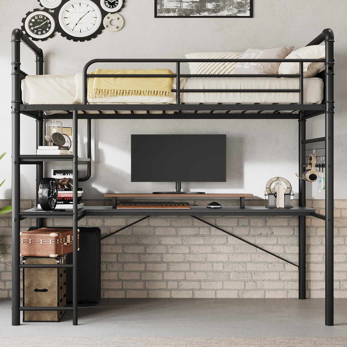 GarveeHome Loft Bunk Bed with L-Shaped Desk, Industrial Twin Loft Bed,Black