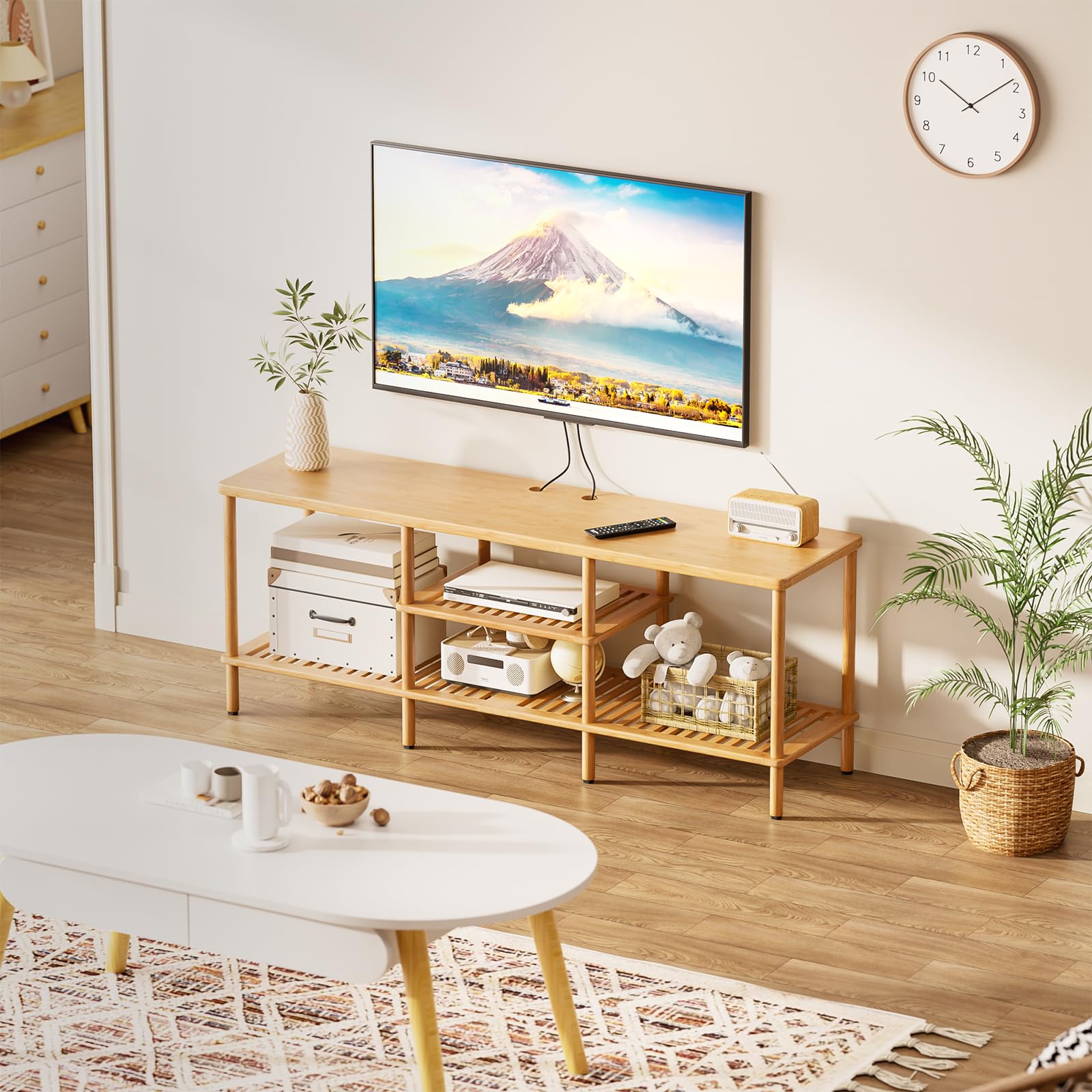 Bamboo TV Stand with 3-Tier Open Storage Shelf