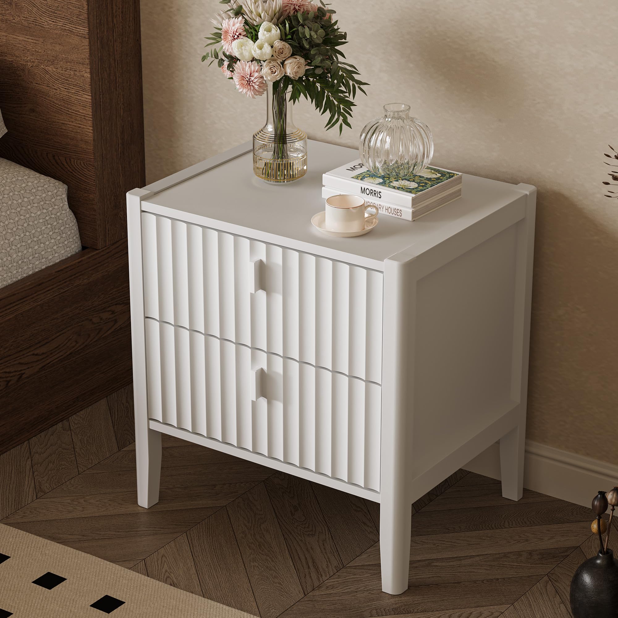 Nightstand with 2 Drawers, Fluted Bedside Table