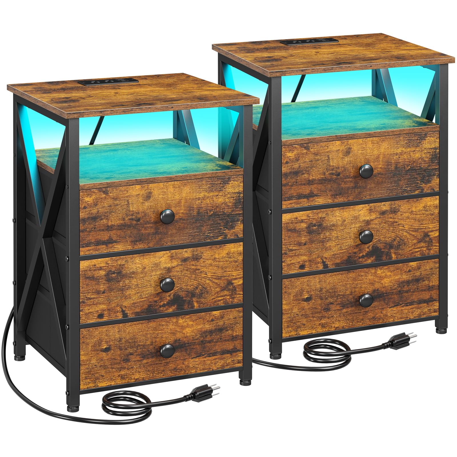 AMHANCIBLE Night Stand Set 2, LED Nightstand with Charging Station, End Side Tables with USB Port & Outlet, Bedside Tables with 3 Fabric Drawers for Bedroom, Rustic Brown HET053LBR