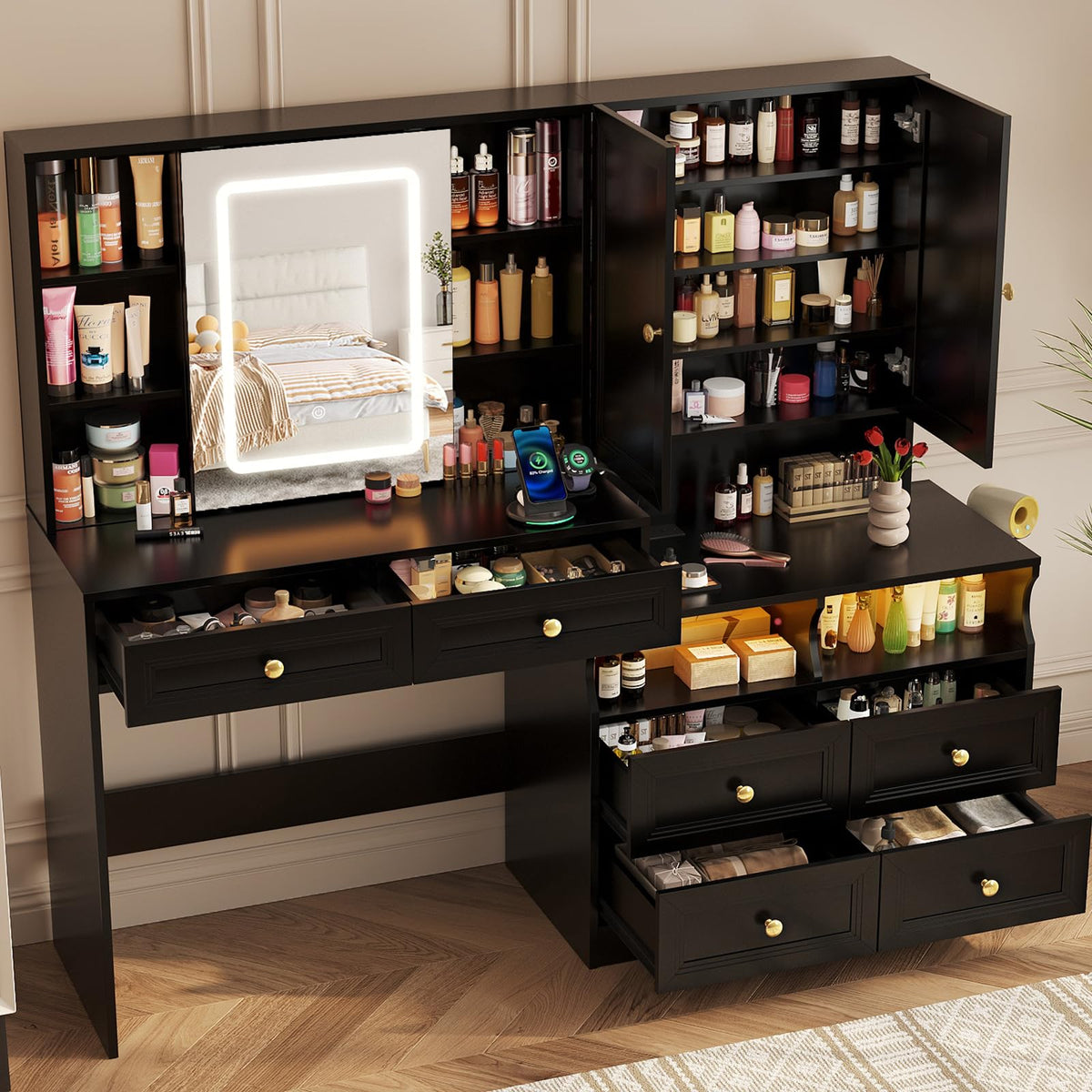 Black Vanity Desk with LED Sliding Mirror