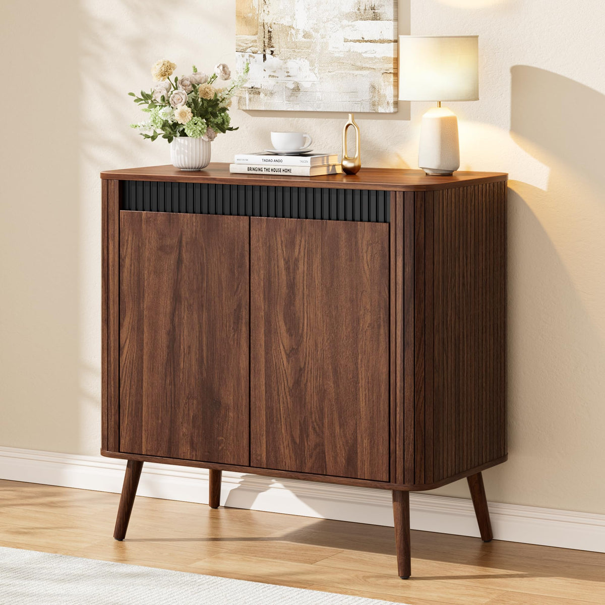 Korfile 32" Fluted Sideboard Buffet Cabinet, Modern Storage Cabinet, Walnut