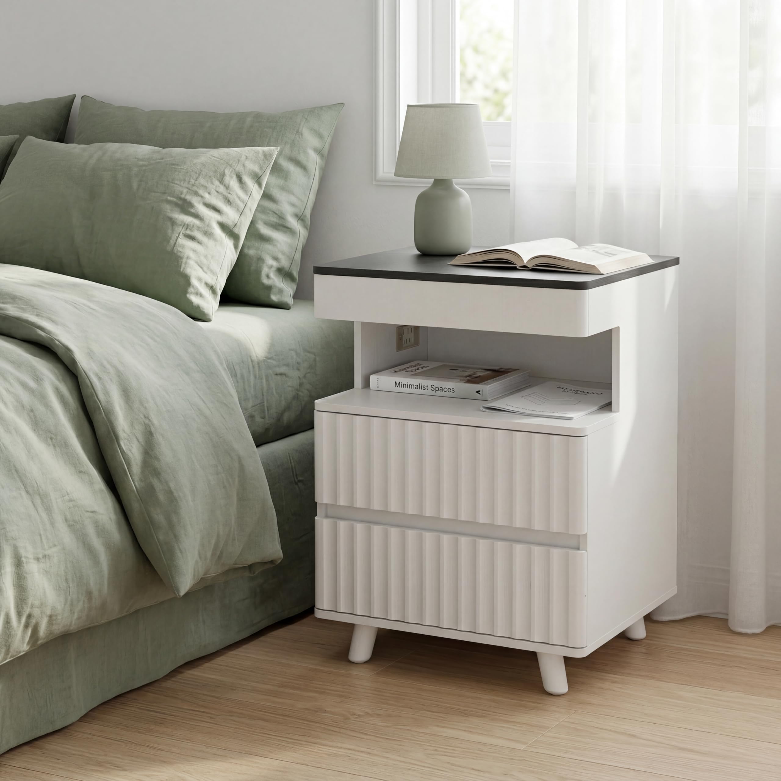 Small Fluted Nightstand for Bedroom, Mid Century Modern Bedside Table with 2 Drawers, Wood End Table with Storage Shelf, Night Stand for Small Spaces, Guest Room, Dorm, White & Natural