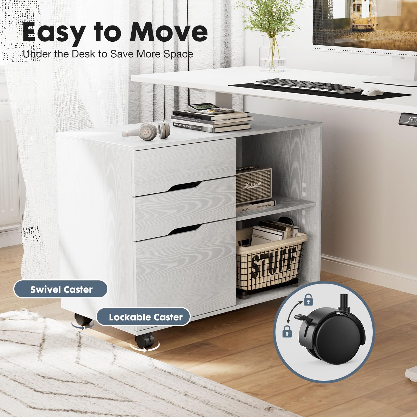 Rolling File Cabinet with 3 Drawers & Adjustable Shelf