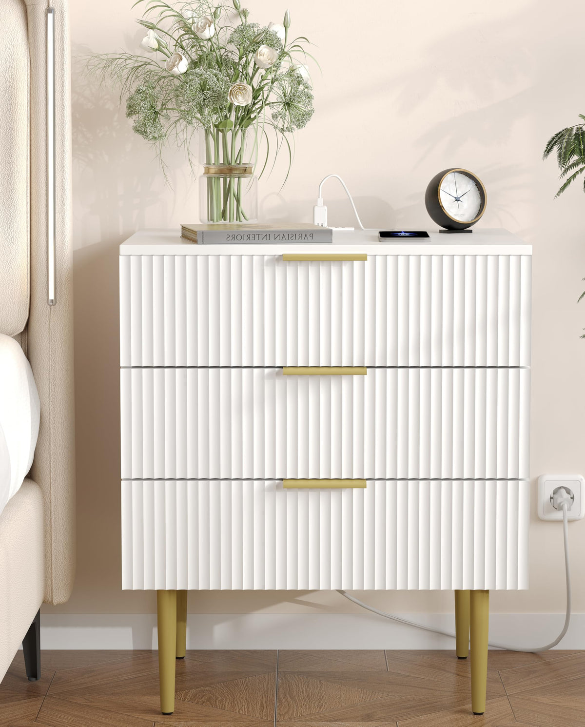 White Fluted Nightstand with Charging Station