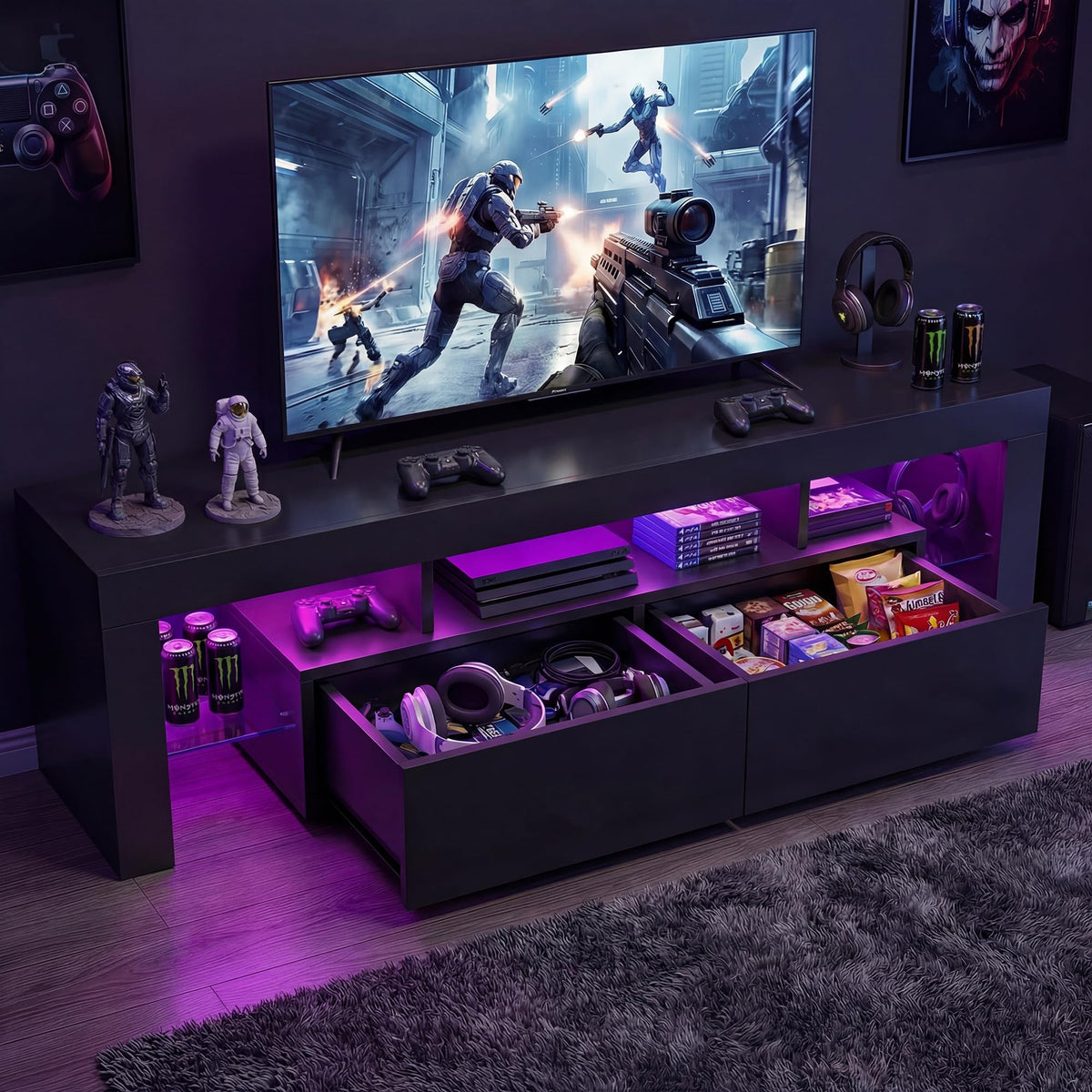 YESHOMY 63 Inch LED TV Stand for 70" TV, Modern Entertainment Center, Black