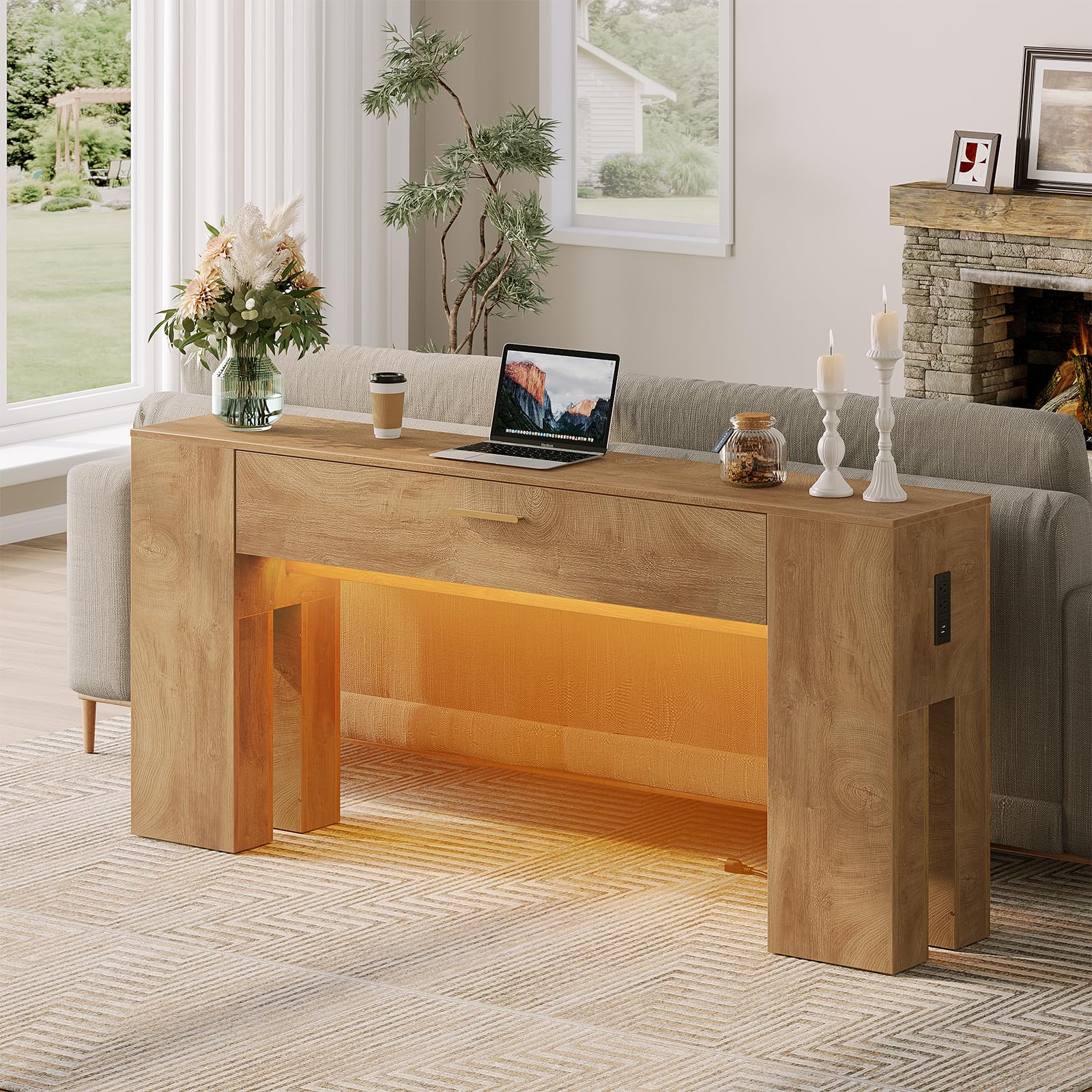 GOLDDAY 63 inch Console Tables with Charging Station and LED Light, Farmhouse Wooden Sofa Table with Drawer, Entryway Table with Wooden Bases, Behind The Couch Table for Hallway, Living Room, Brown