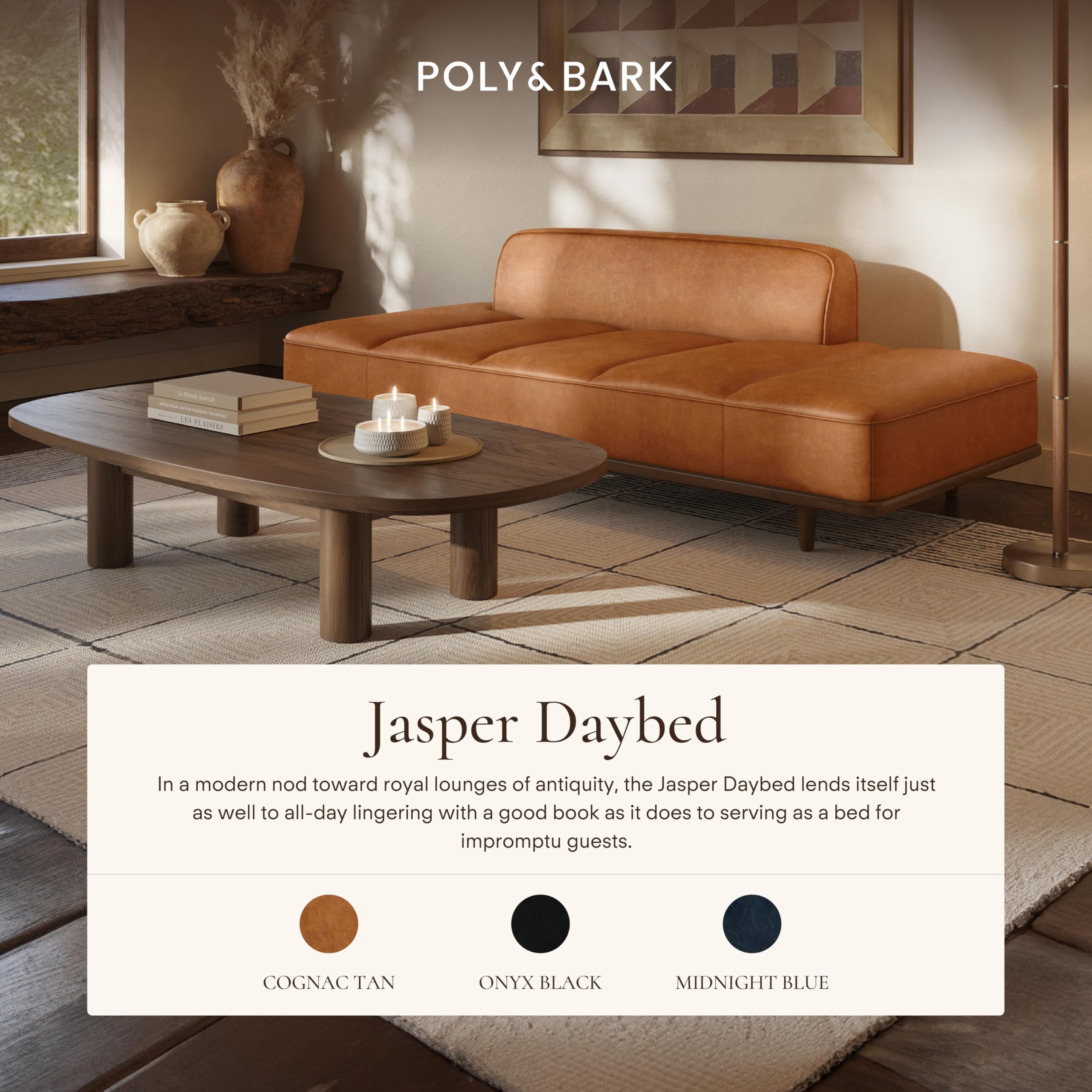 Poly & Bark Jasper Daybed - Cognac Tan - Full-Grain Pure-Aniline Leather Upholstery – Walnut-Stained Ash Wood Frame, 6.6 Feet – Modern Daybed for Living Room or Guest Space – Minimal Assembly