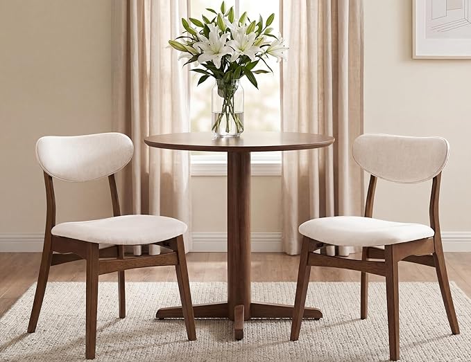 Upholstered Dining Chairs Set of 4, Mid-Century Modern, Beige & Walnut
