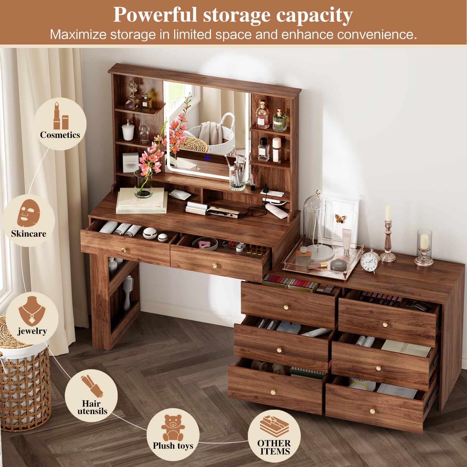 Ieejdn Makeup Vanity Desk with Mirror and Lights, Vanity Desk with 8 Drawers & Storage Shelves, Vanity Table with Power Outlet, 3 Color Modes & Adjustable Brightness Dressing Table, Bedroom,Brown