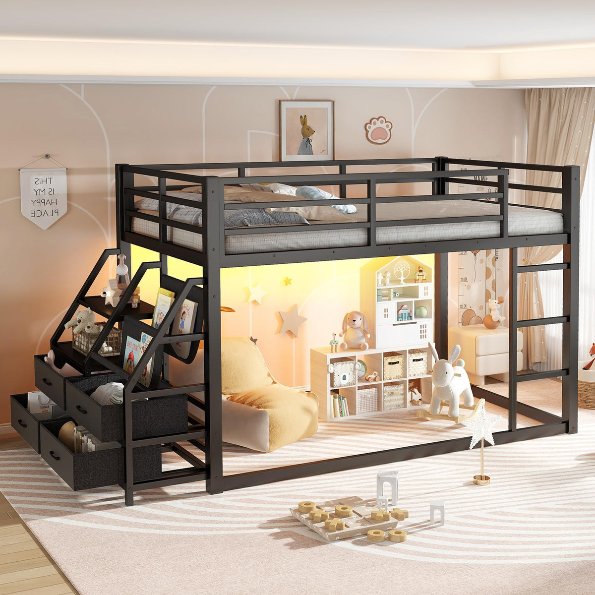 Twin Metal Bunk Bed with Storage & LED Lights