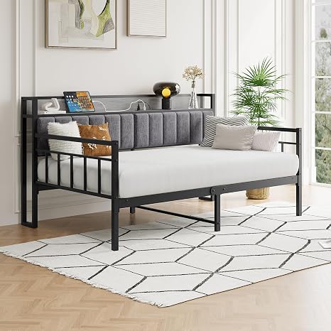 Twin Metal Daybed Frame with Charging Station & LED Light